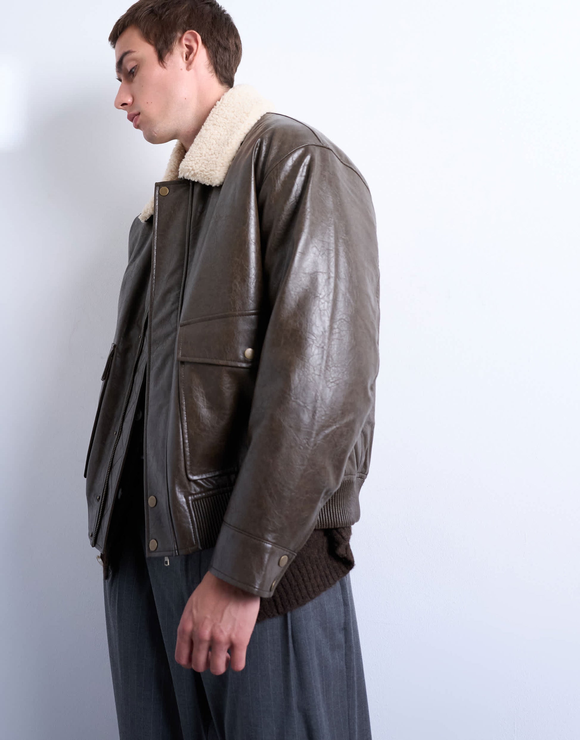 Topman faux leather borg collar washed jacket in chocolate