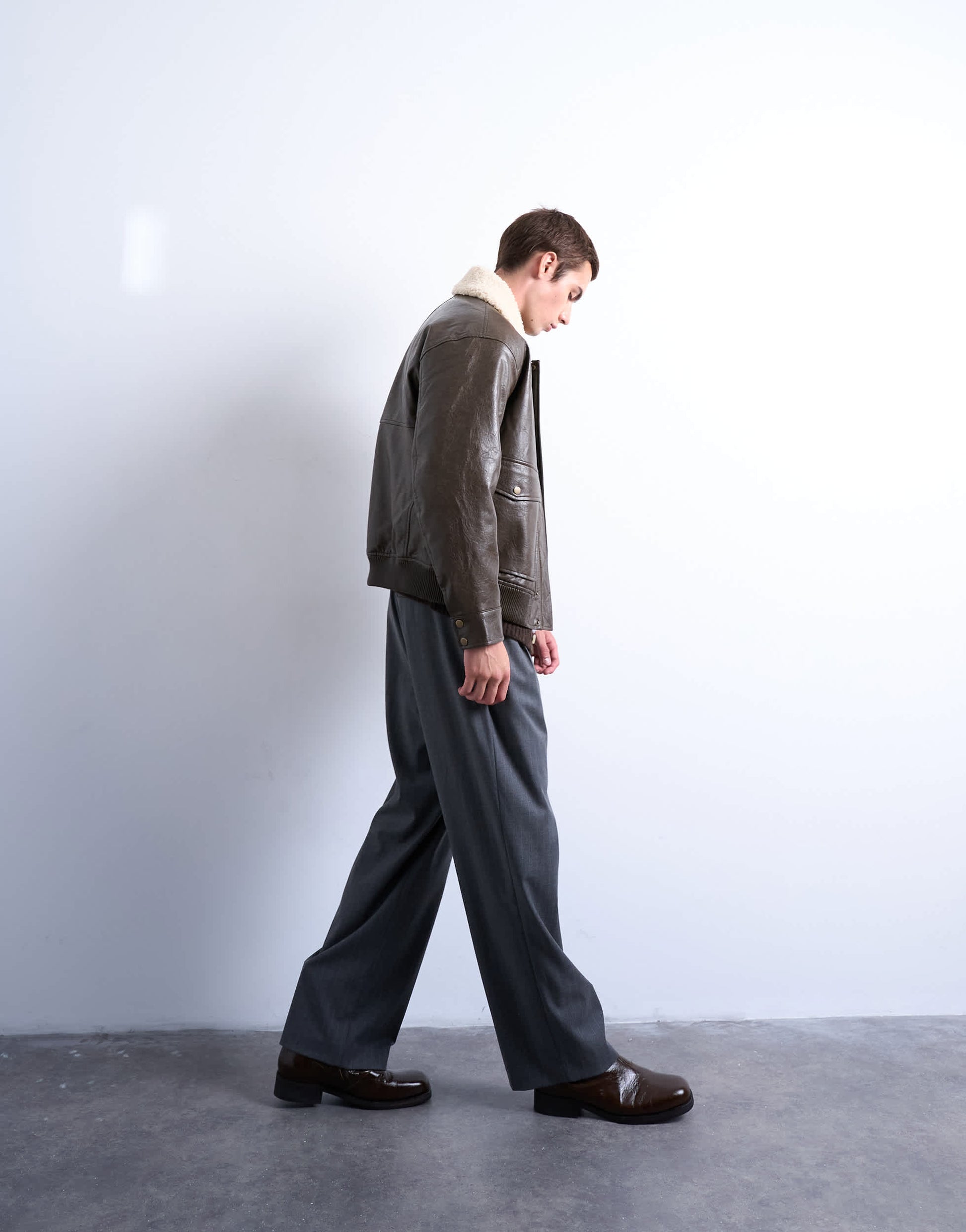 Topman faux leather borg collar washed jacket in chocolate