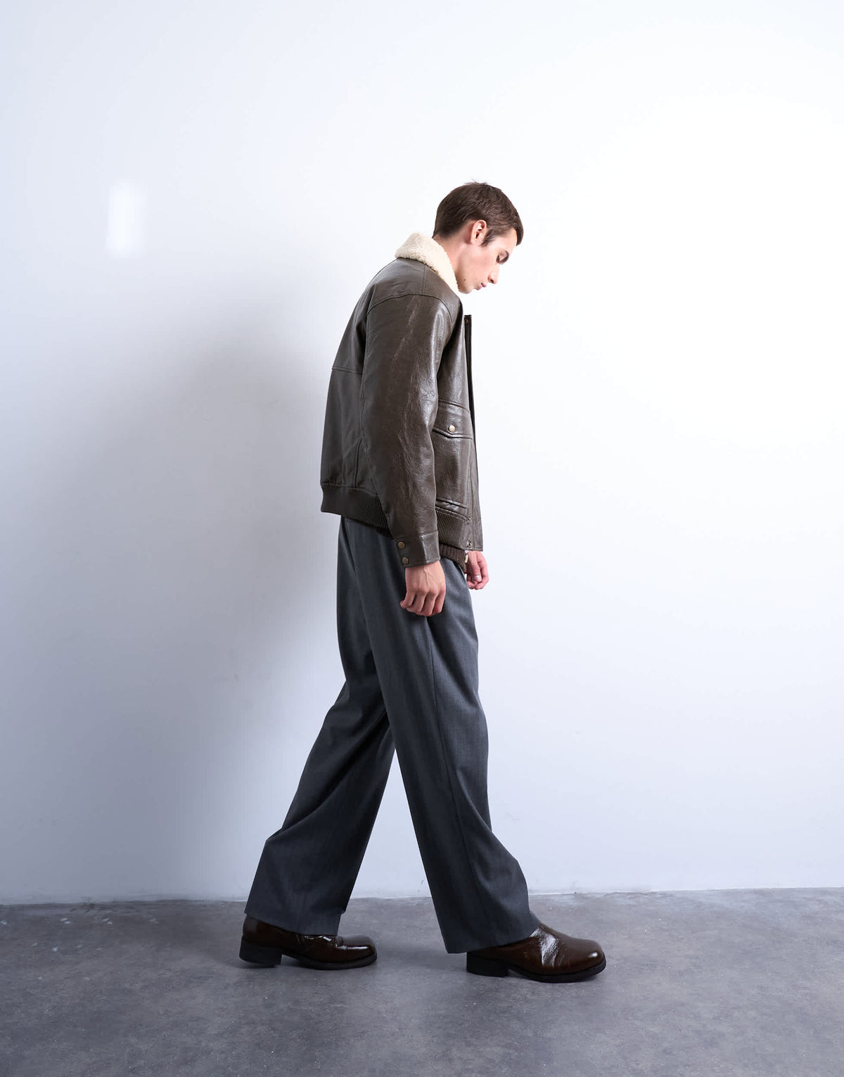Topman faux leather borg collar washed jacket in chocolate