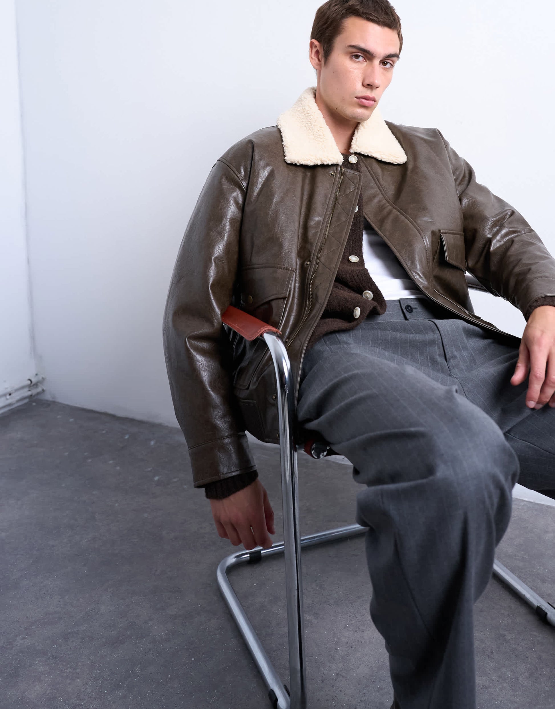 Topman faux leather borg collar washed jacket in chocolate