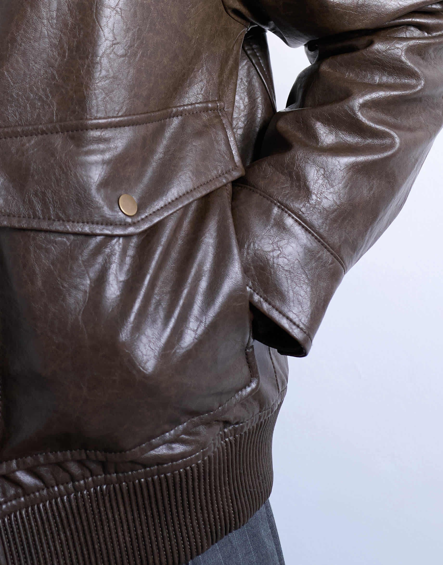 Topman faux leather borg collar washed jacket in chocolate