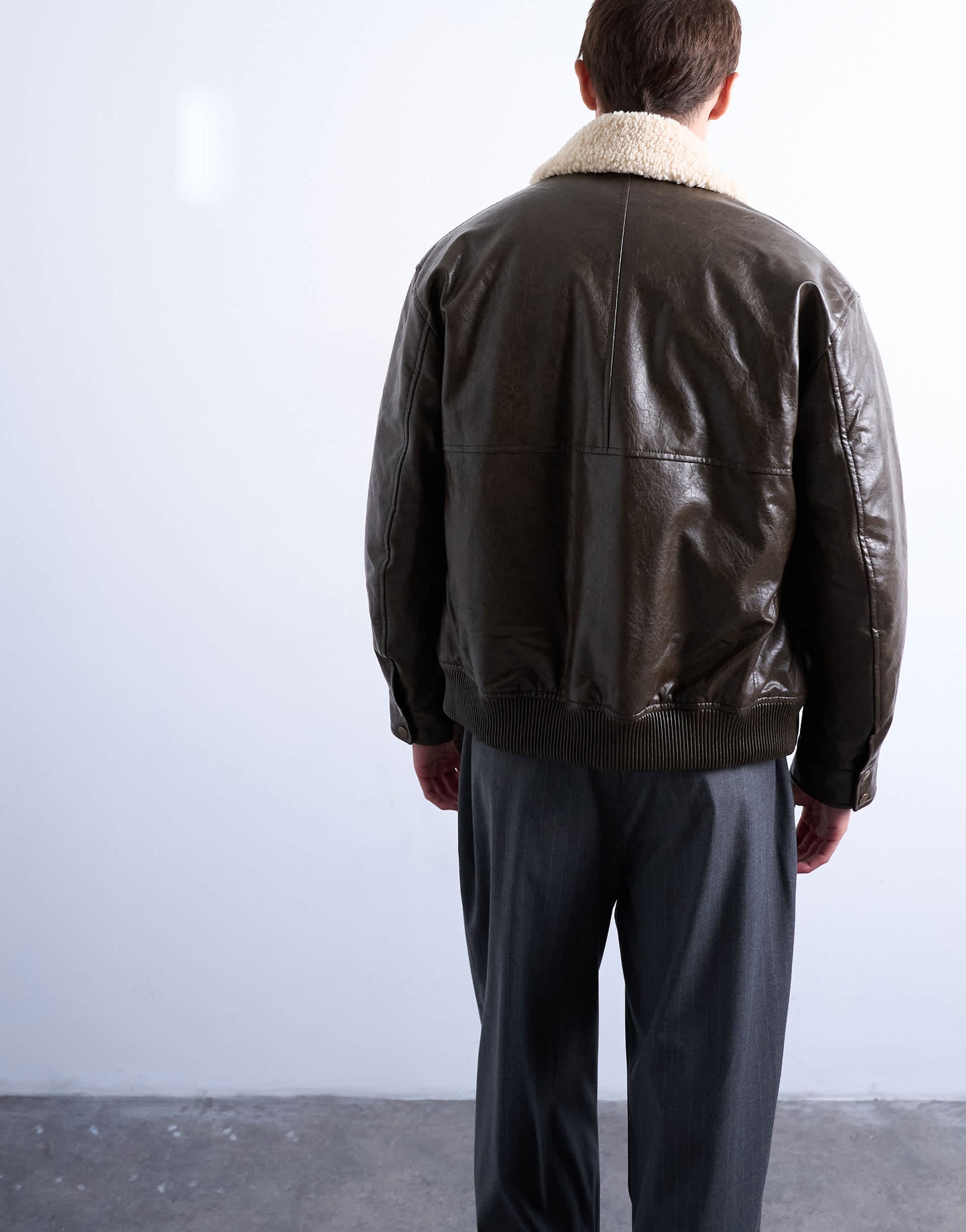 Topman faux leather borg collar washed jacket in chocolate