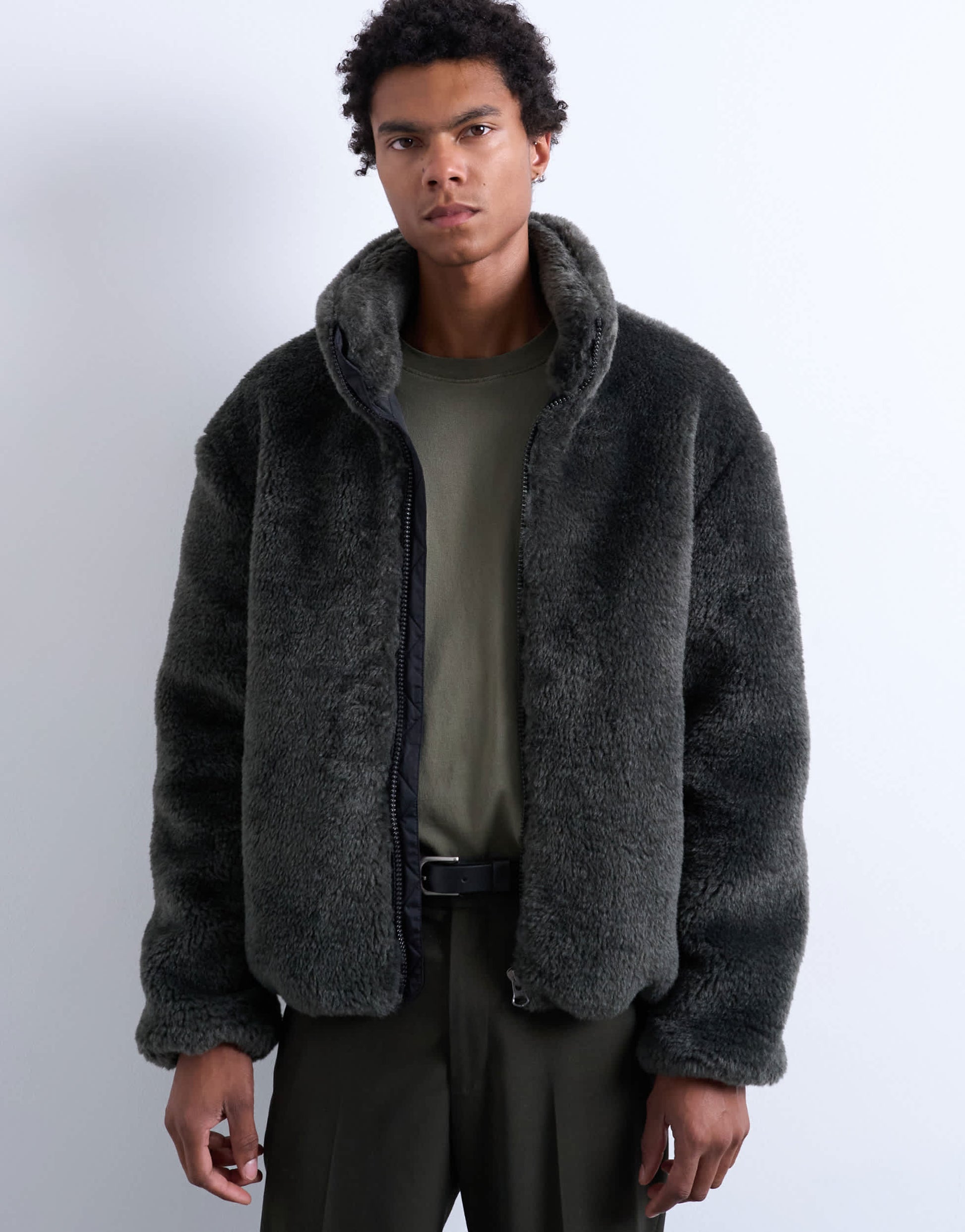 Topman faux fur funnel neck jacket in dark grey