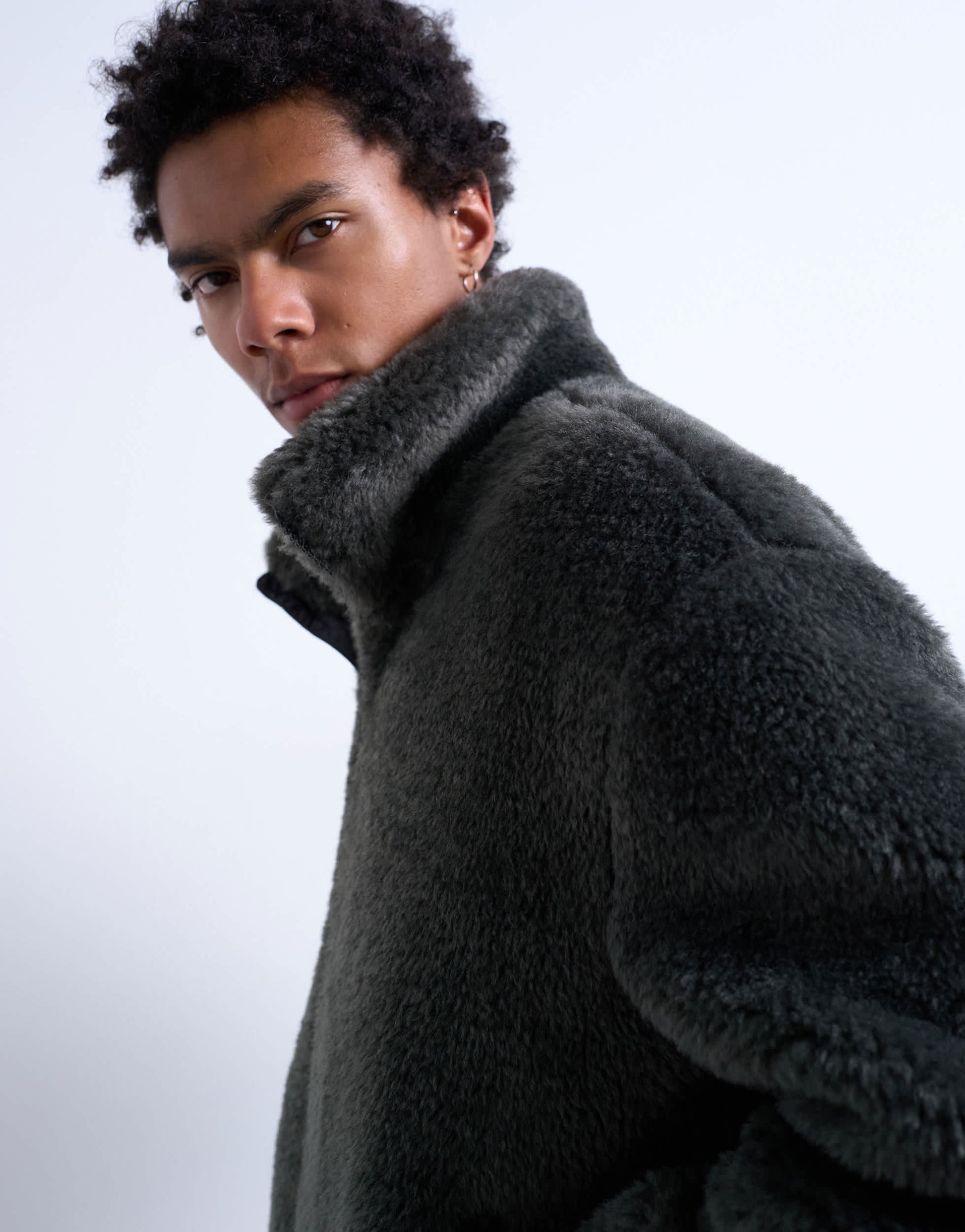 Topman faux fur funnel neck jacket in dark grey