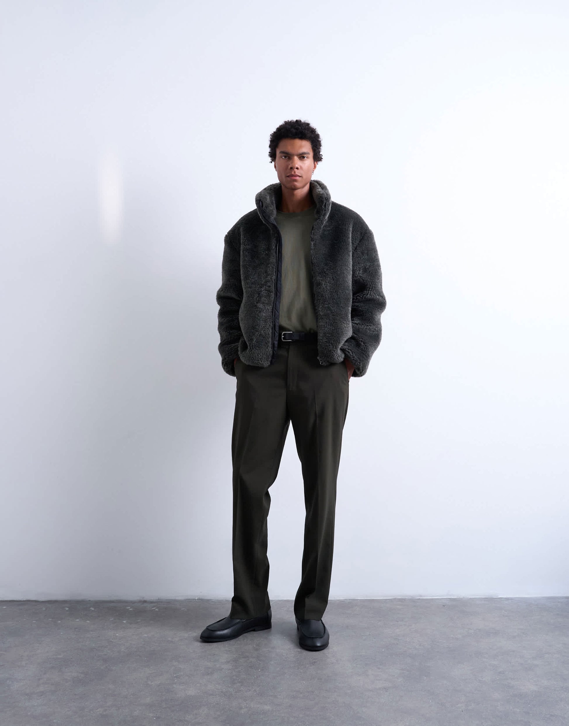Topman faux fur funnel neck jacket in dark grey