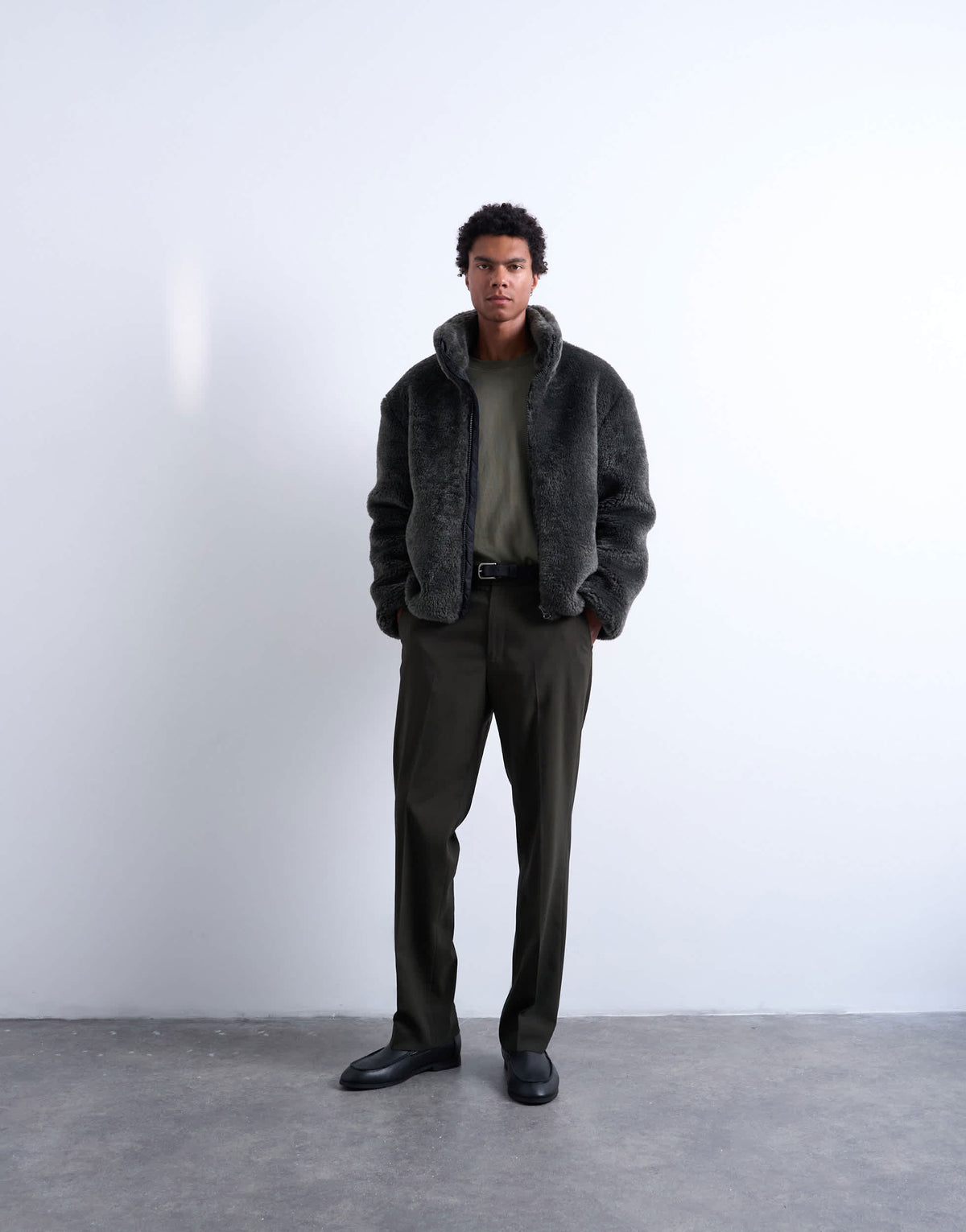 Topman faux fur funnel neck jacket in dark grey