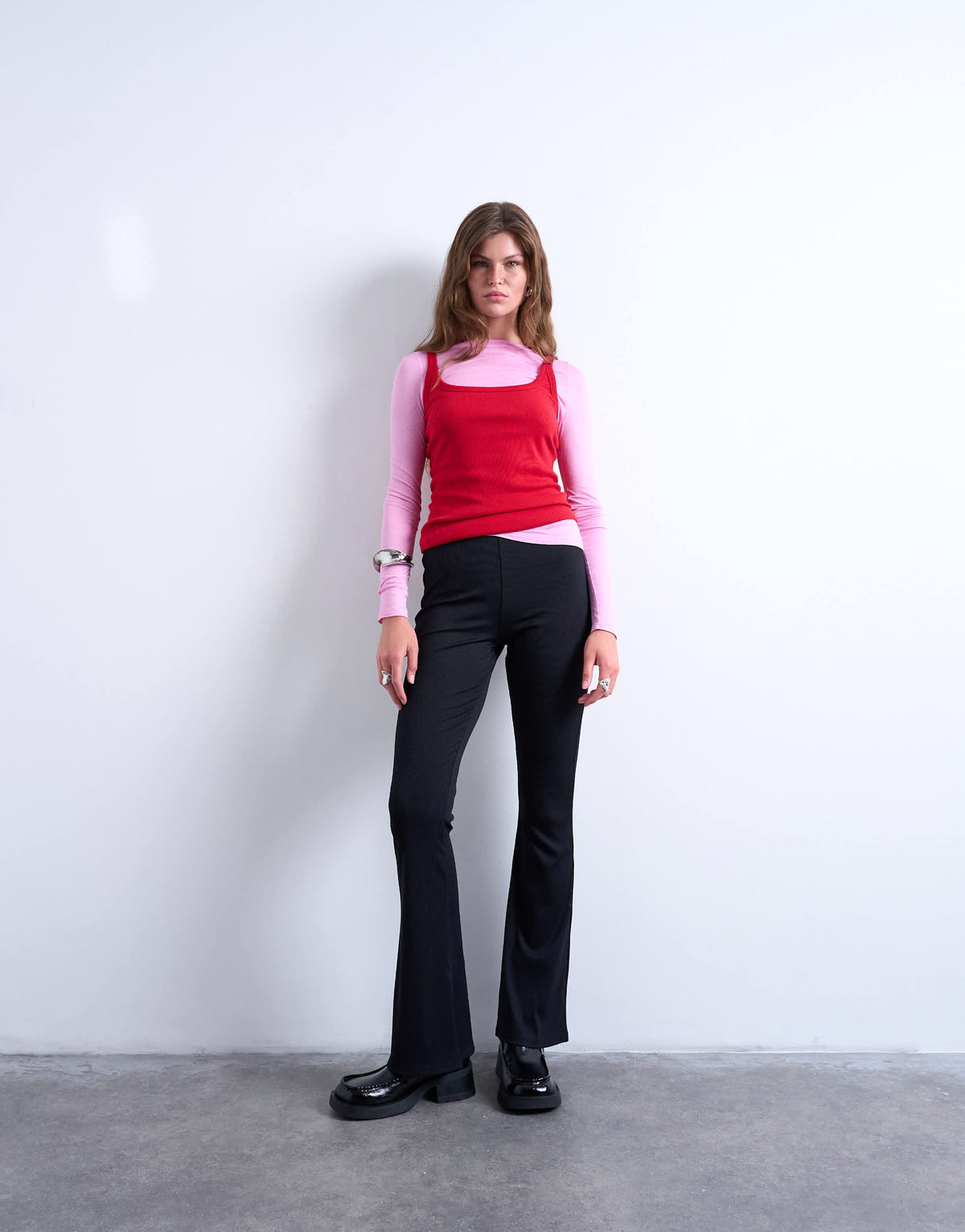 Topshop skinny rib flared trouser in black