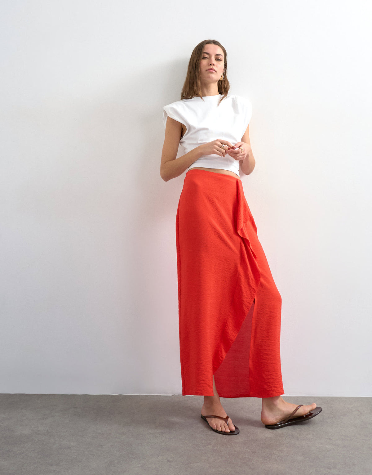 Topshop sarong wrap midi skirt in red