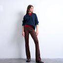 Topshop skinny rib flared trouser in chocolate brown