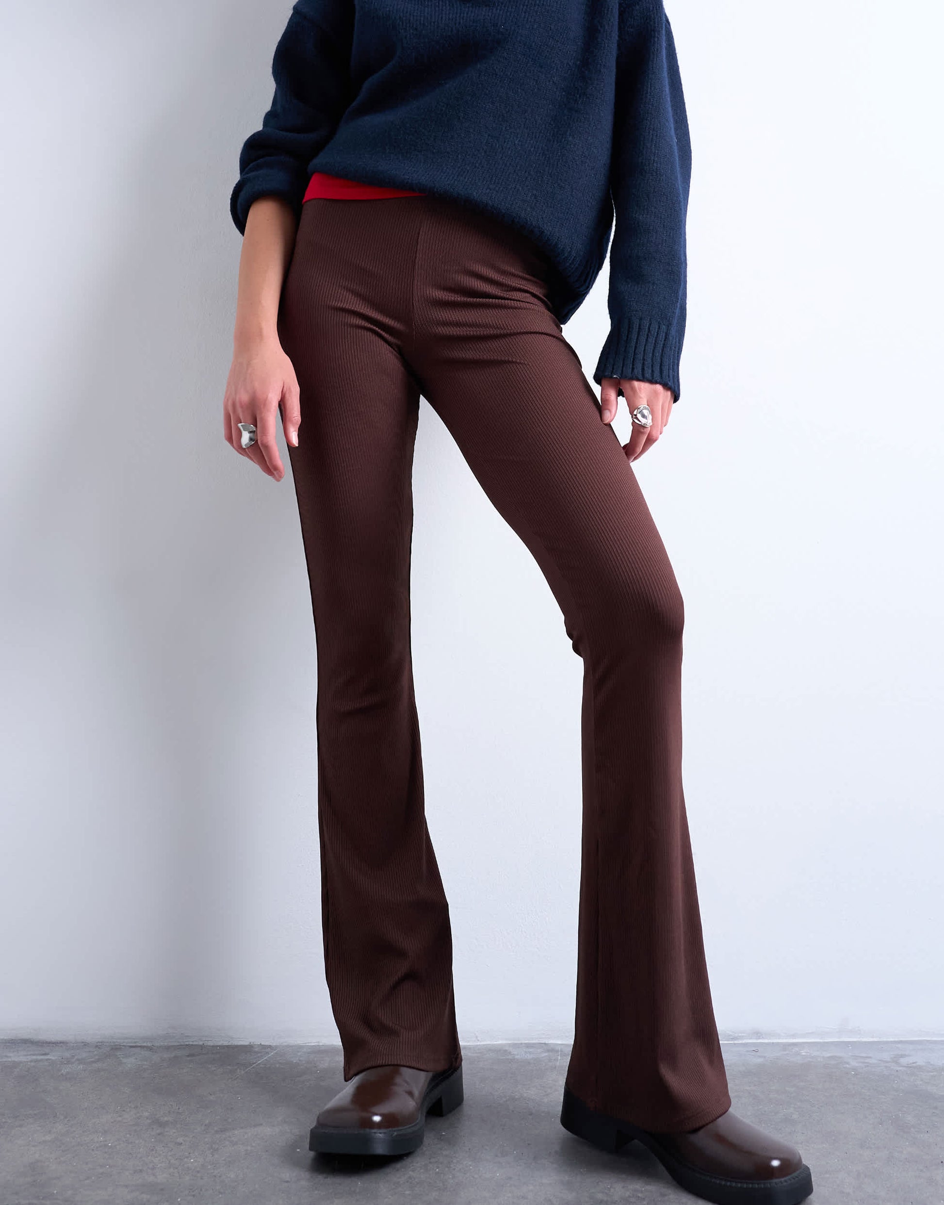 Topshop skinny rib flared trouser in chocolate brown