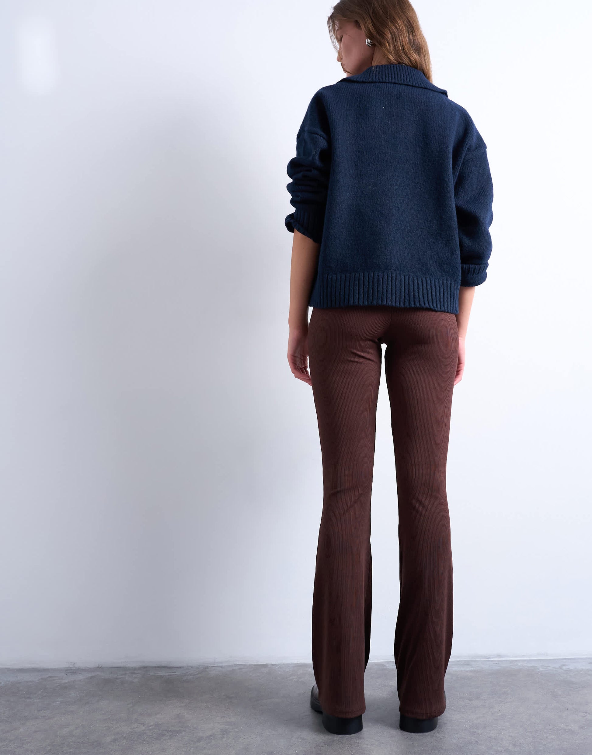 Topshop skinny rib flared trouser in chocolate brown