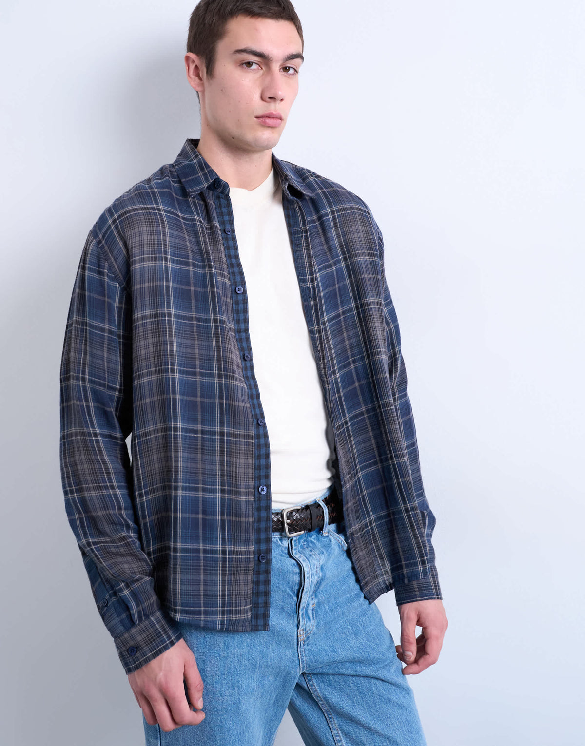 Topman regular fit sheer check shirt in navy