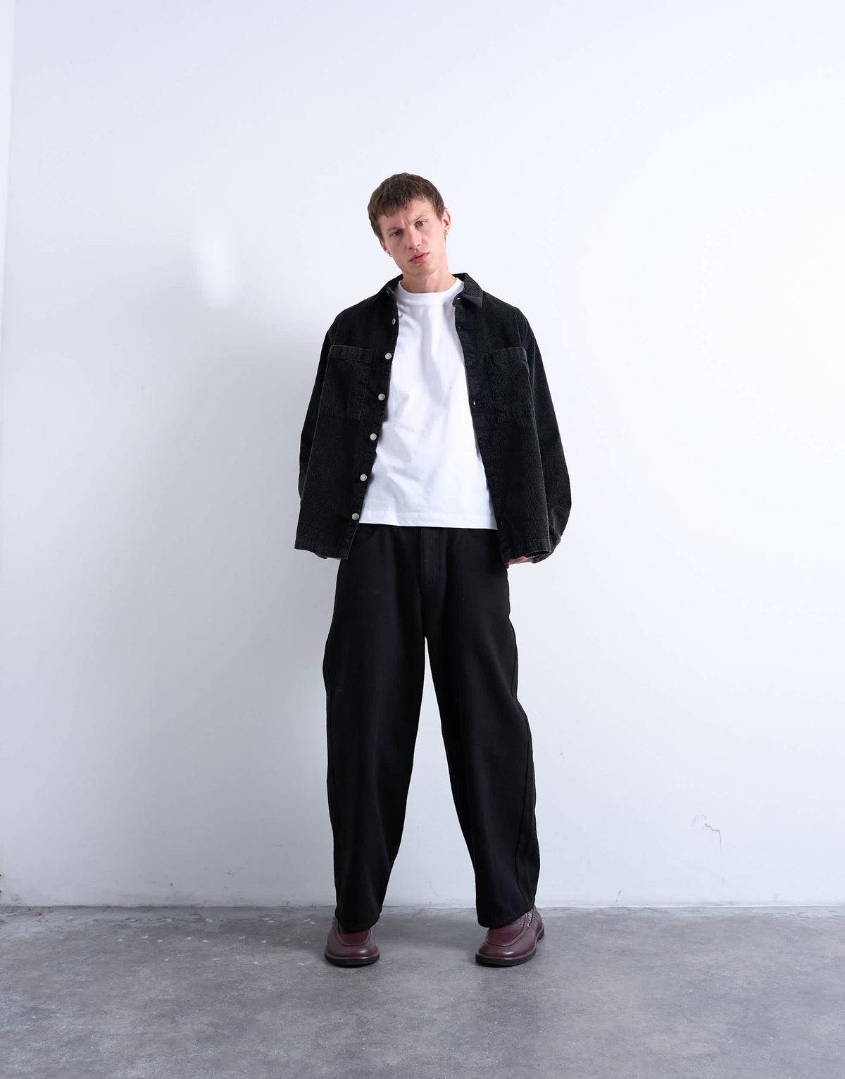 Topman washed cord overshirt in black