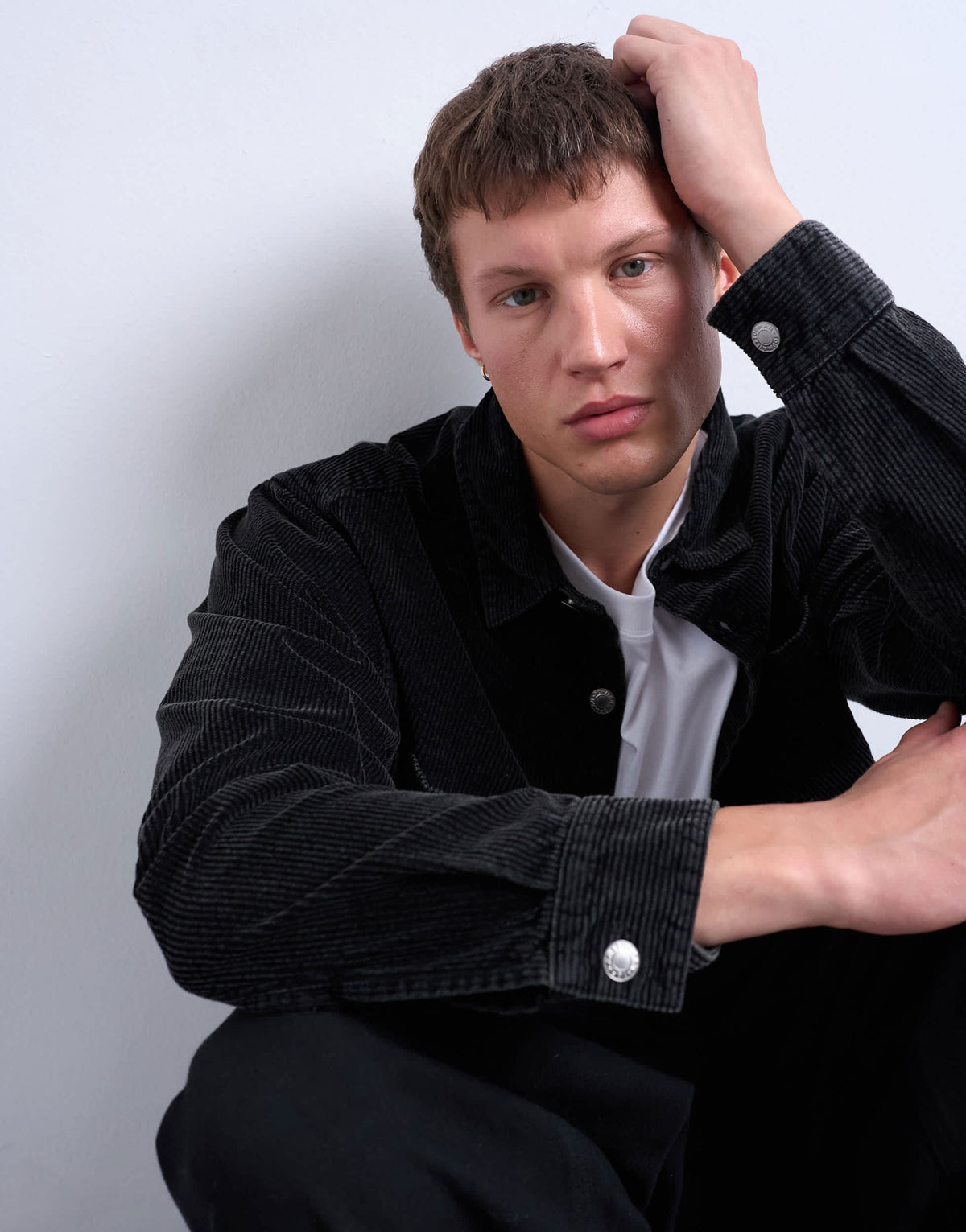 Topman washed cord overshirt in black