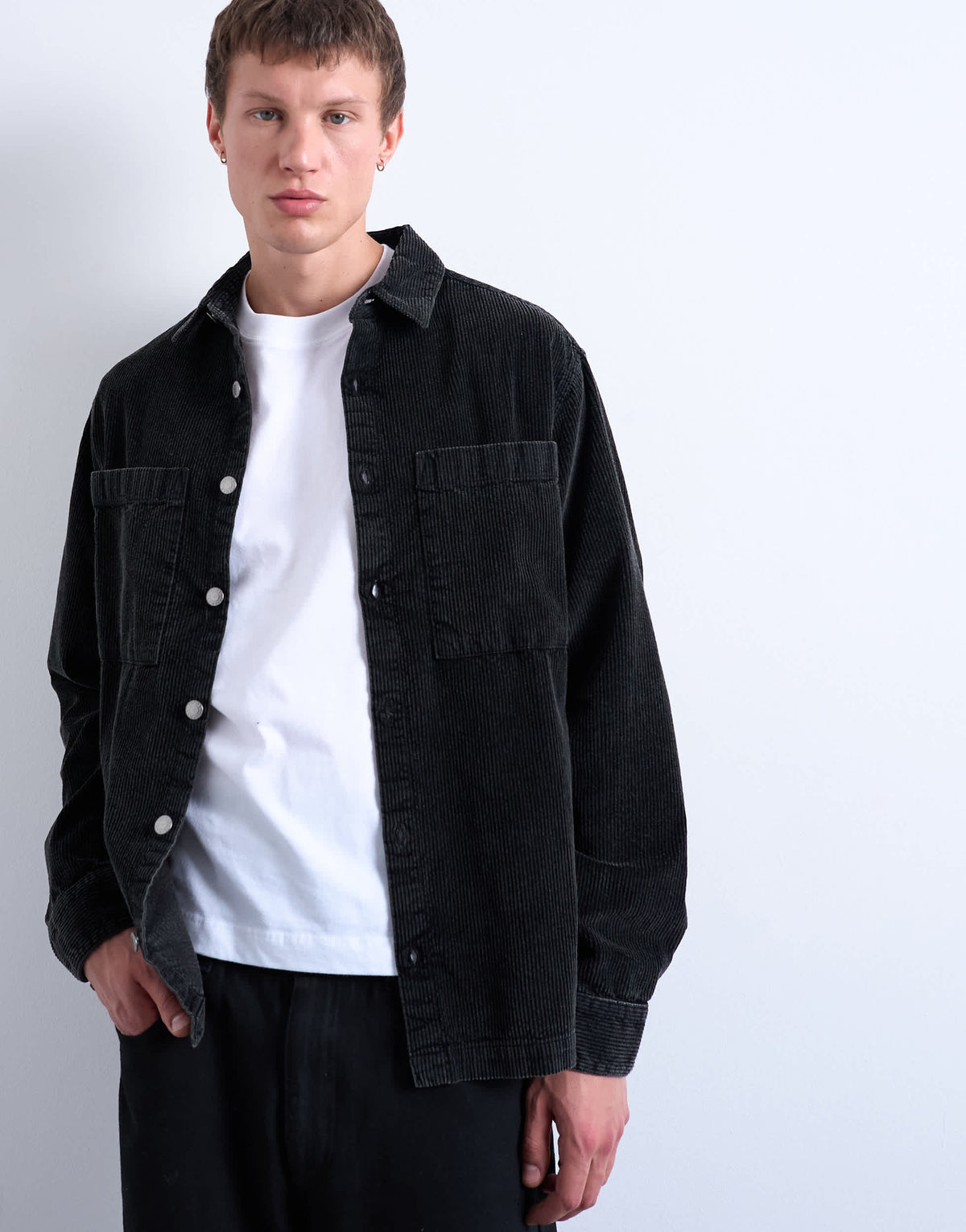 Topman washed cord overshirt in black