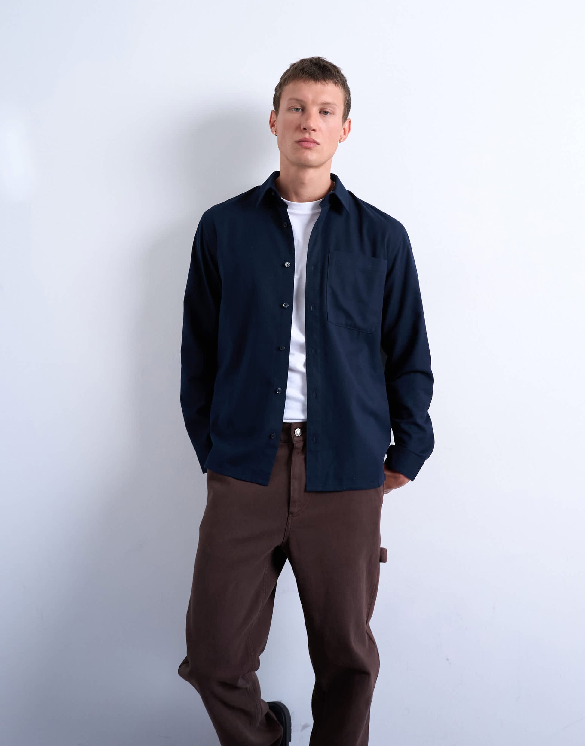 Topman regular fit flannel shirt in navy