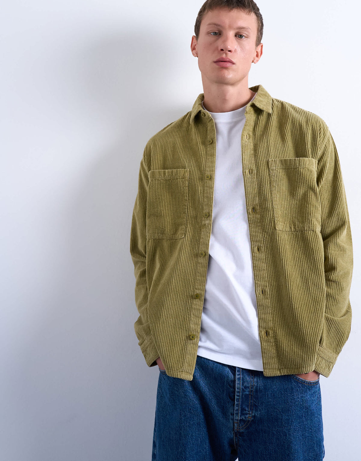 Topman regular fit cord shirt in washed green
