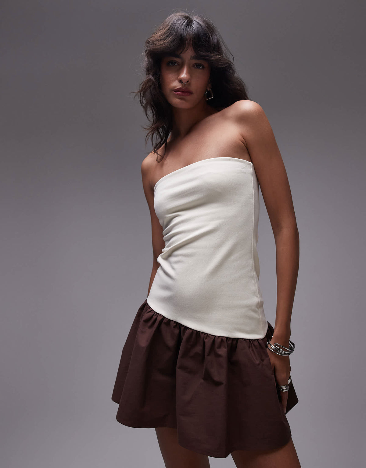 Topshop bandeau poplin mix mini dress in ecru and brown