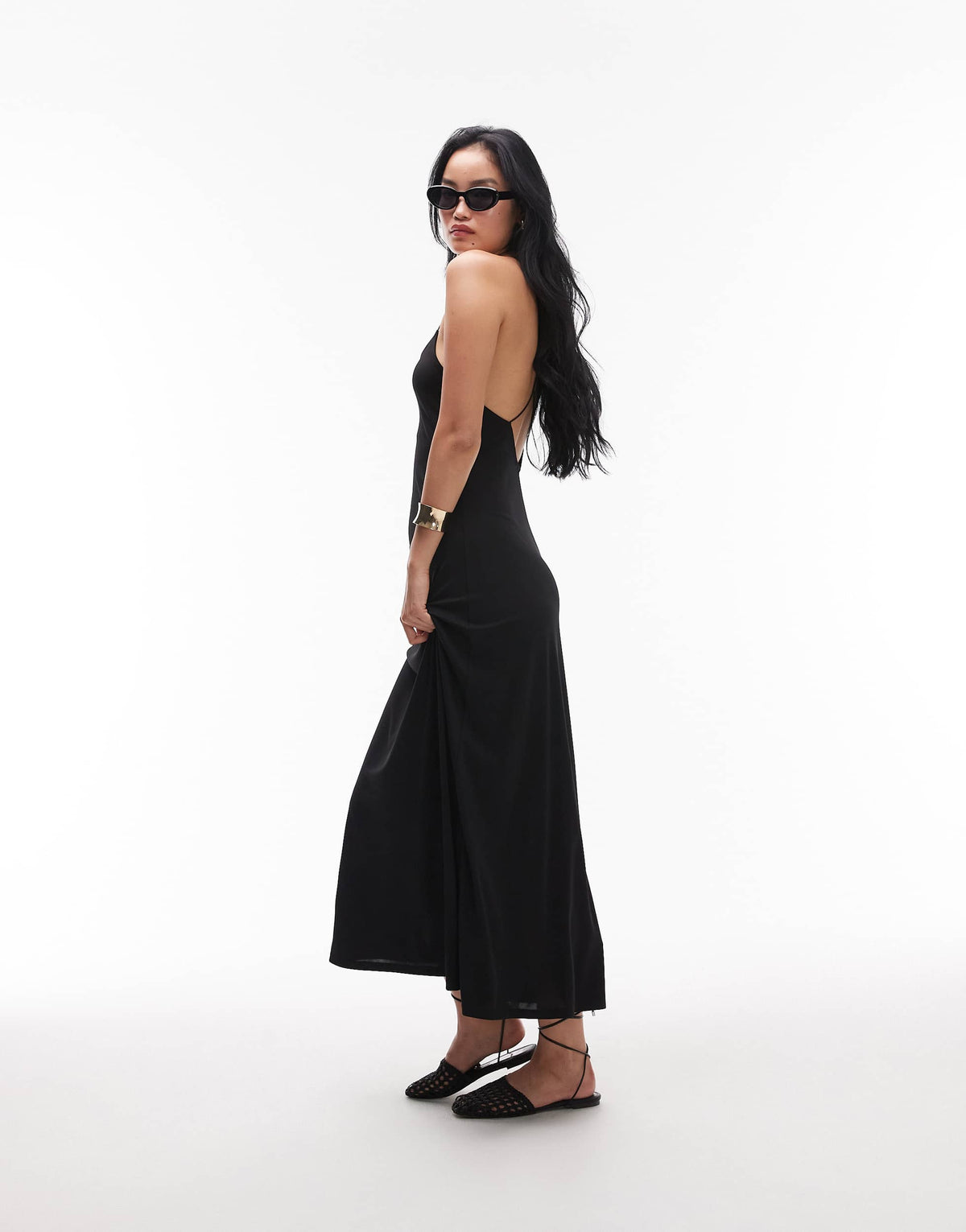 Topshop cami maxi low back detail dress in black