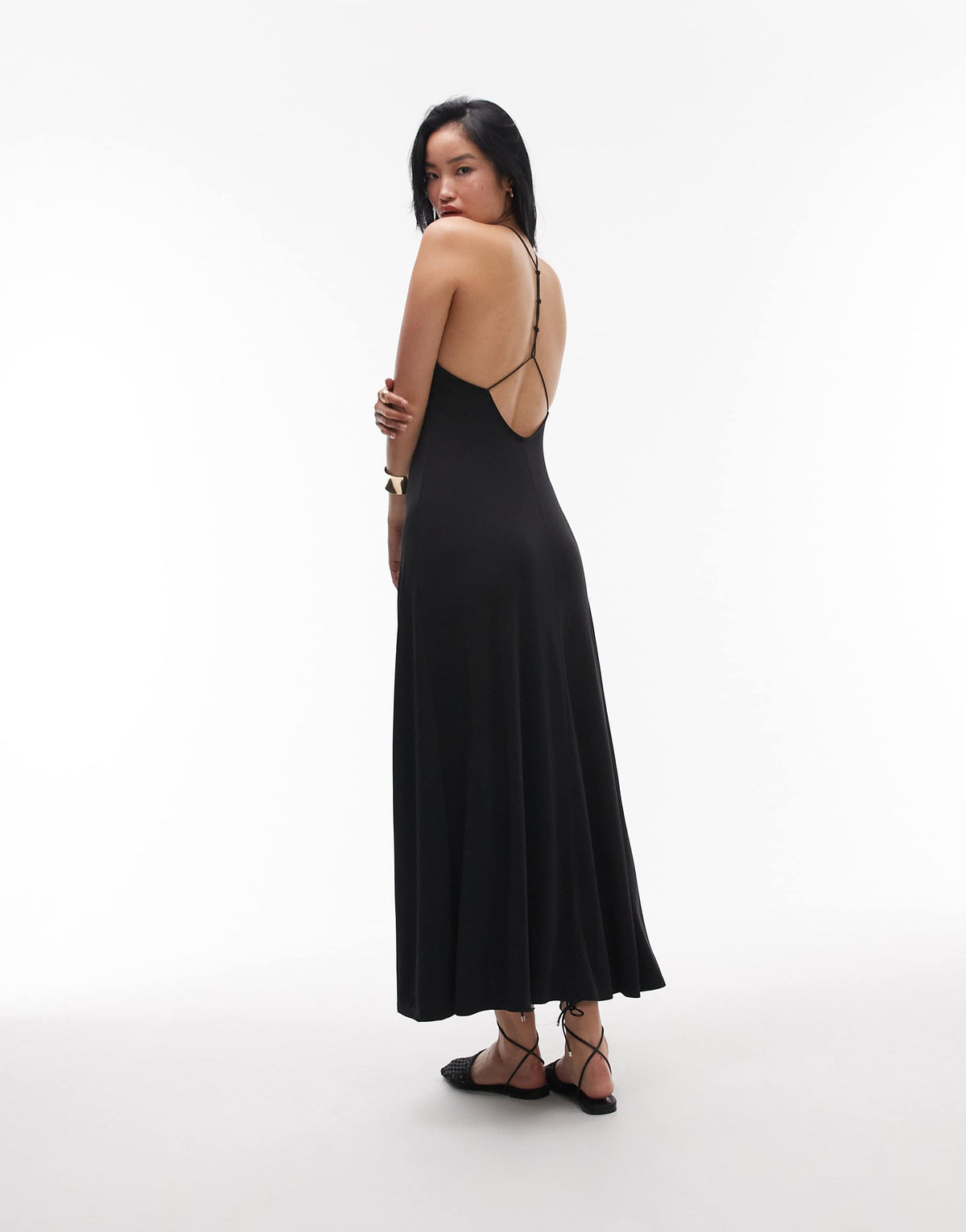 Topshop cami maxi low back detail dress in black
