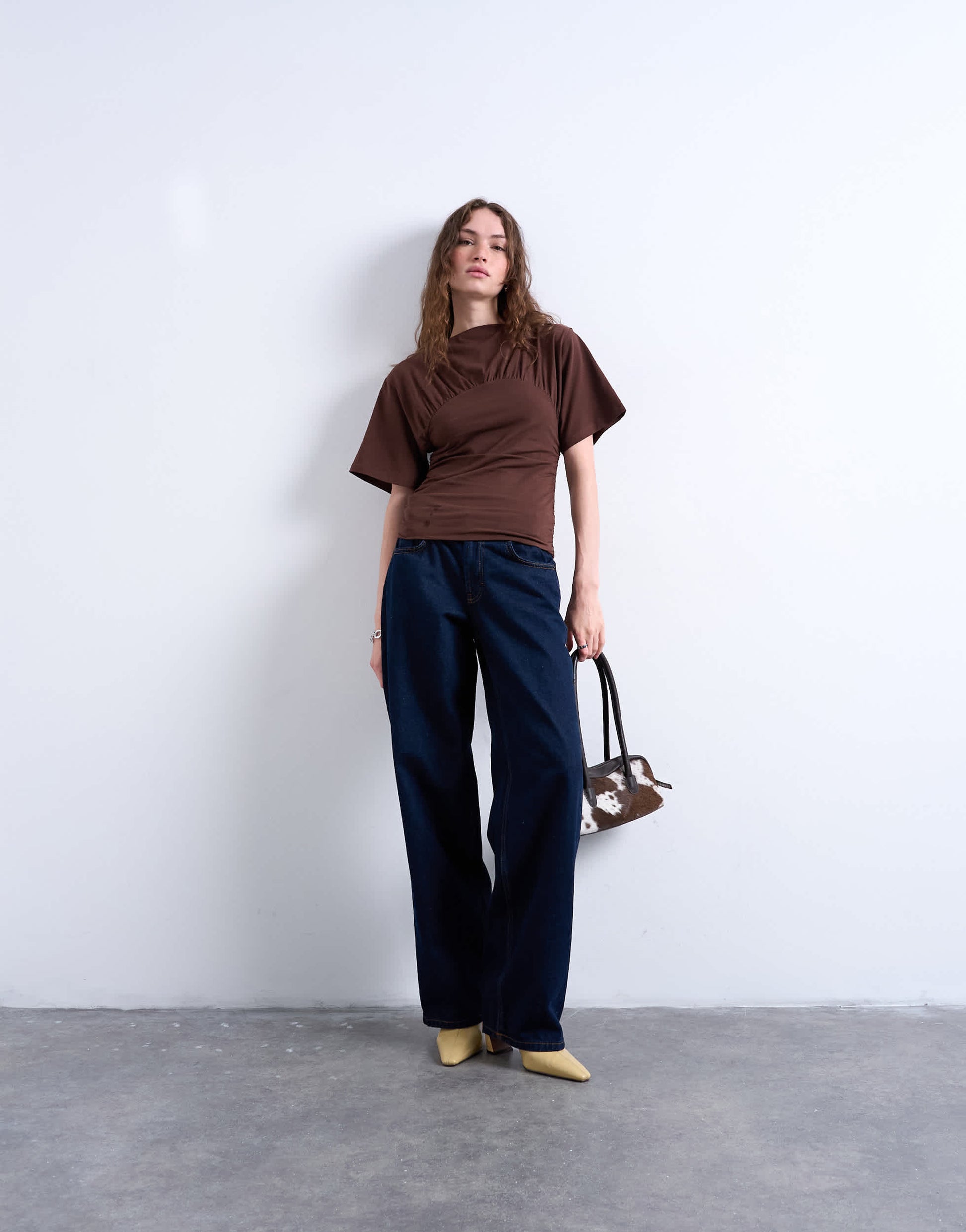 Topshop ruched detail short sleeve top in chocolate brown