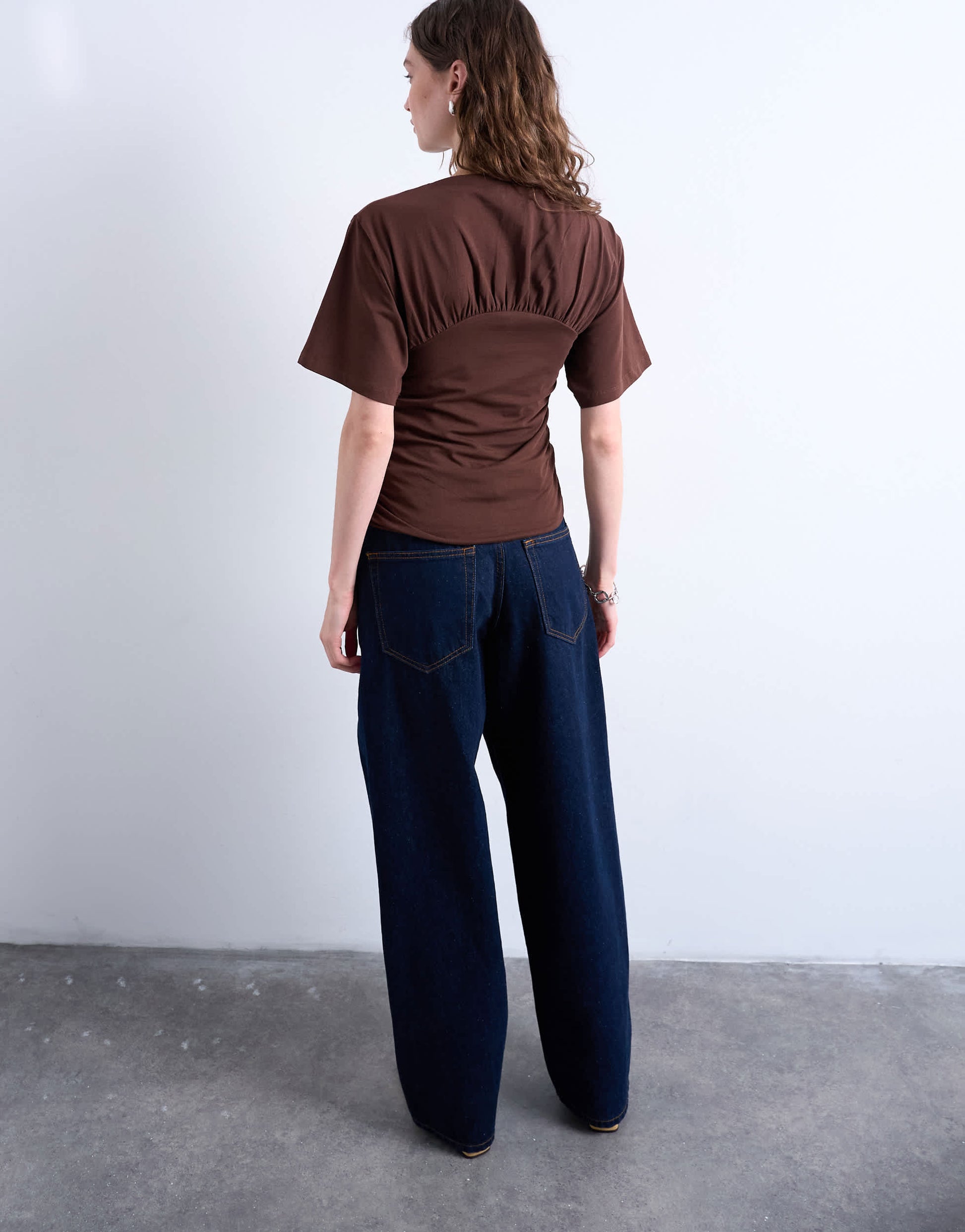 Topshop ruched detail short sleeve top in chocolate brown