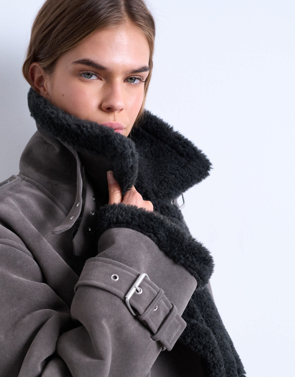 Topshop longline funnel aviator shearling in grey