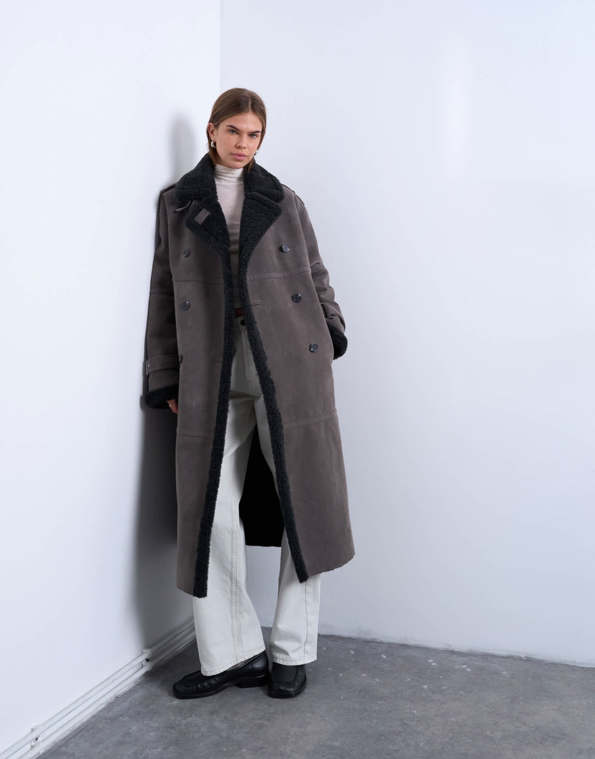 Topshop longline funnel aviator shearling in grey