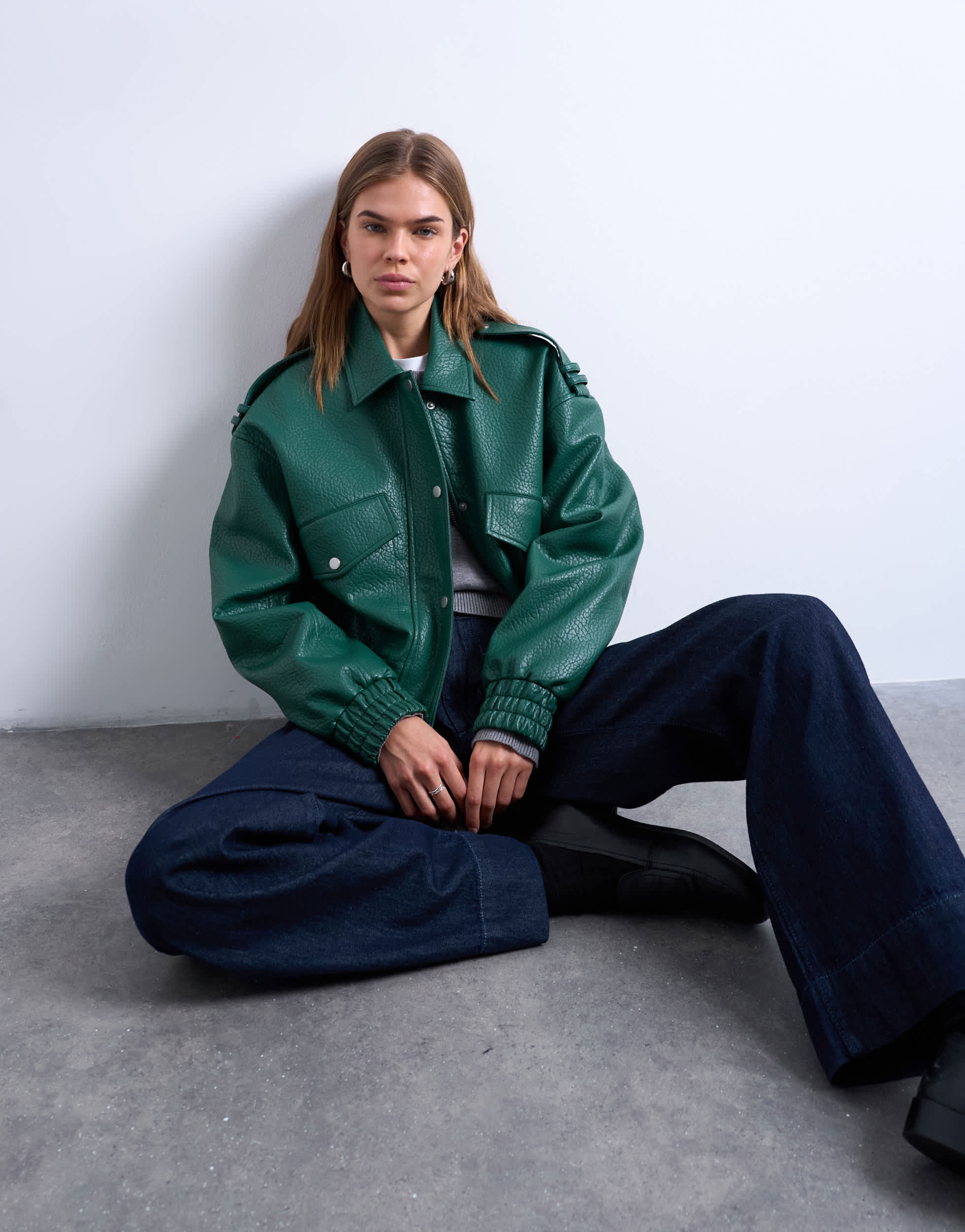 Topshop bubble PU 80s bomber jacket in dark green