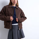Topshop faux suede quilted lined bomber jacket with popper details in chocolate