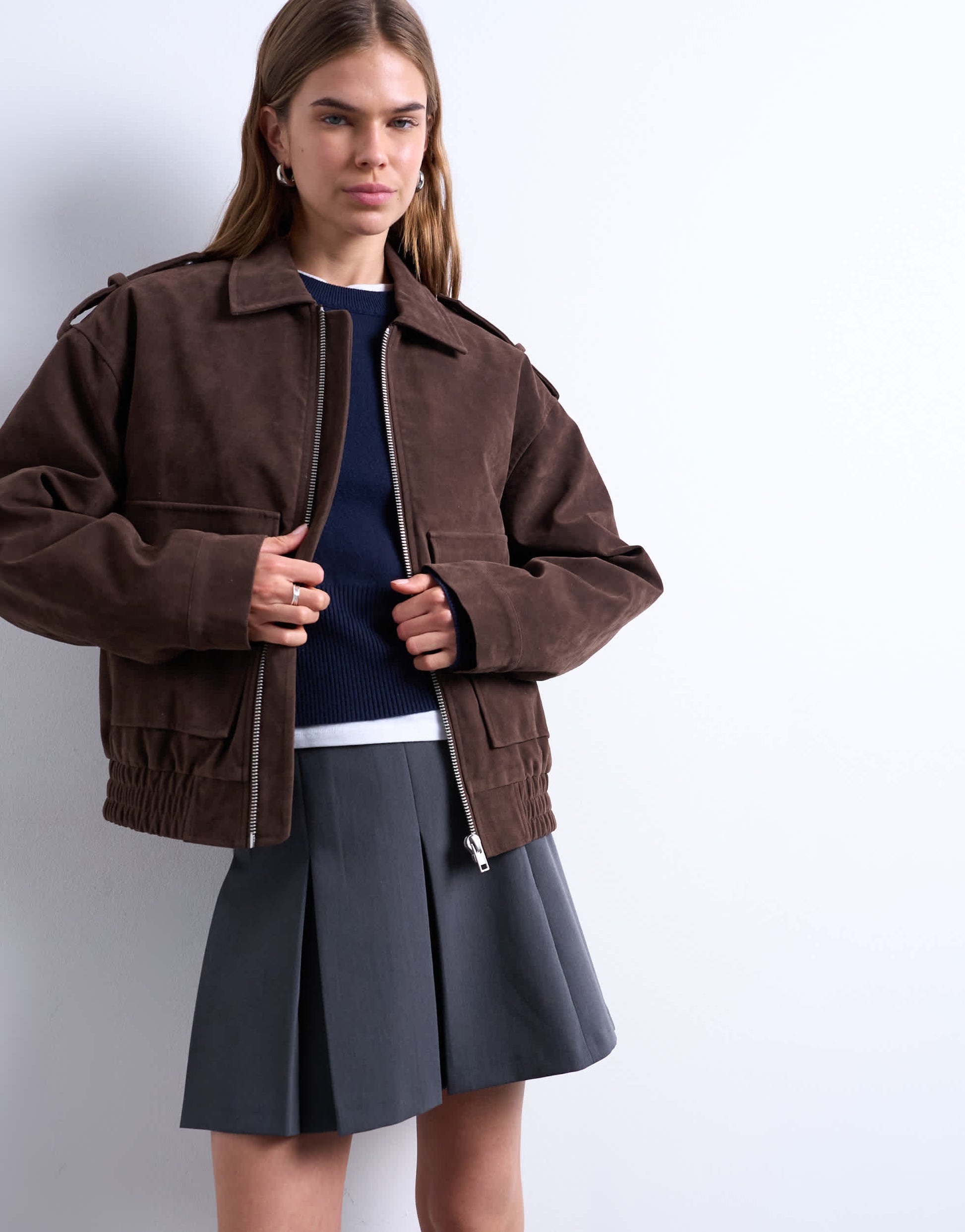 Topshop faux suede quilted lined bomber jacket with popper details in chocolate