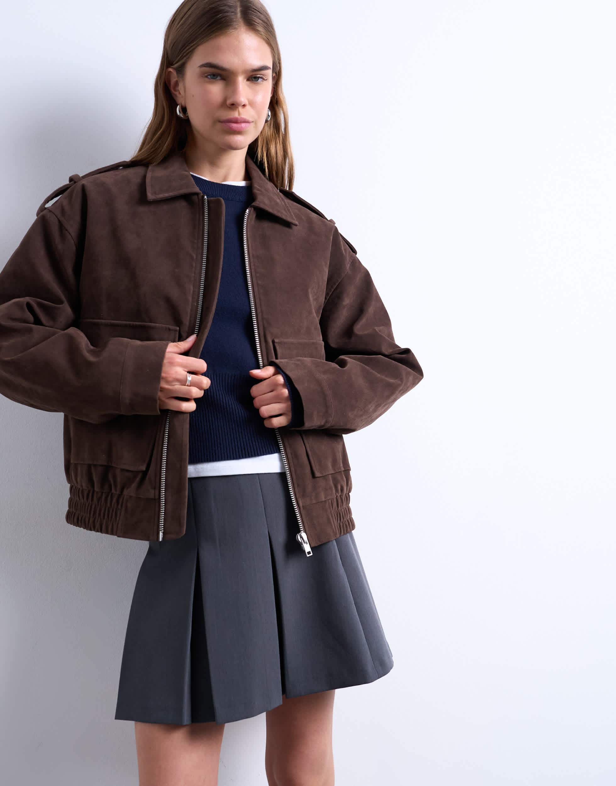 Topshop faux suede quilted lined bomber jacket with popper details in chocolate