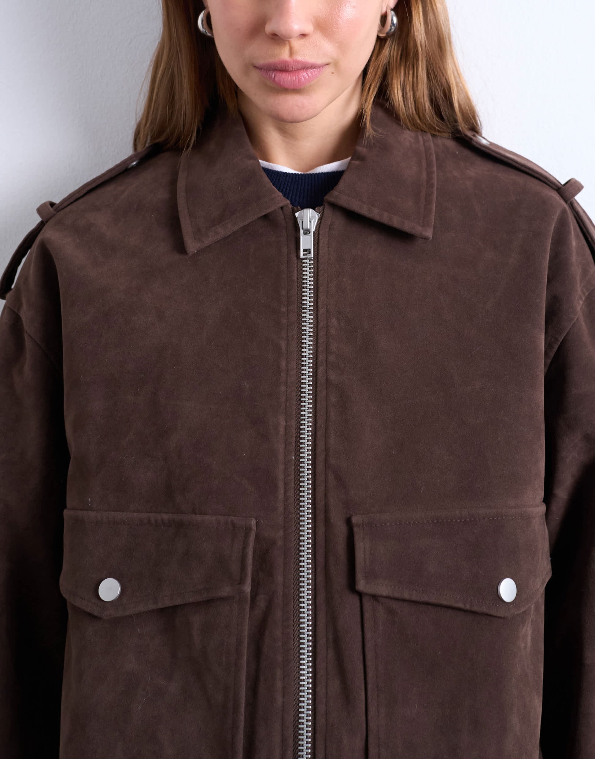 Topshop faux suede quilted lined bomber jacket with popper details in chocolate