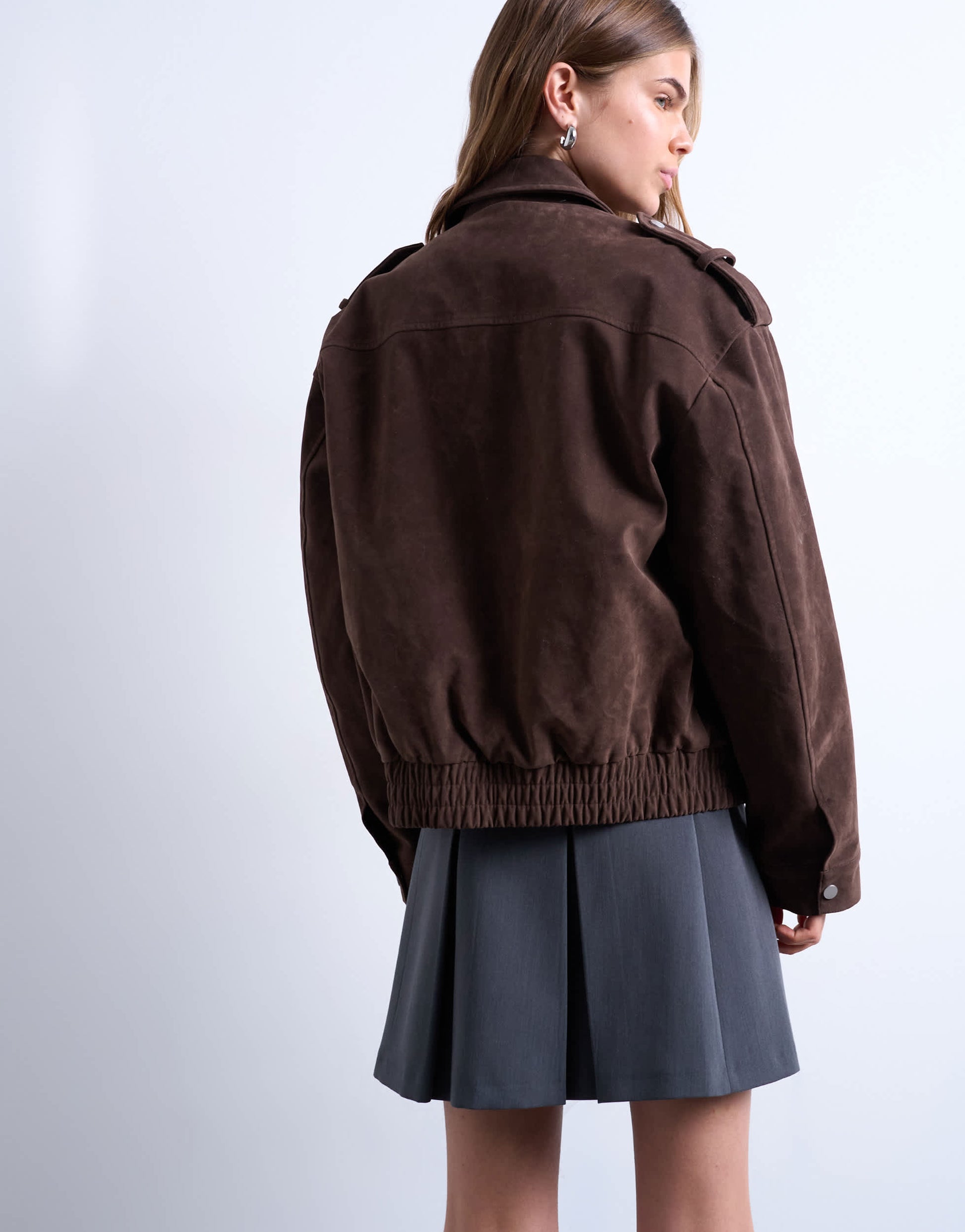 Topshop faux suede quilted lined bomber jacket with popper details in chocolate
