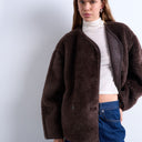 Topshop ovoid short shearling double breasted jacket in choc