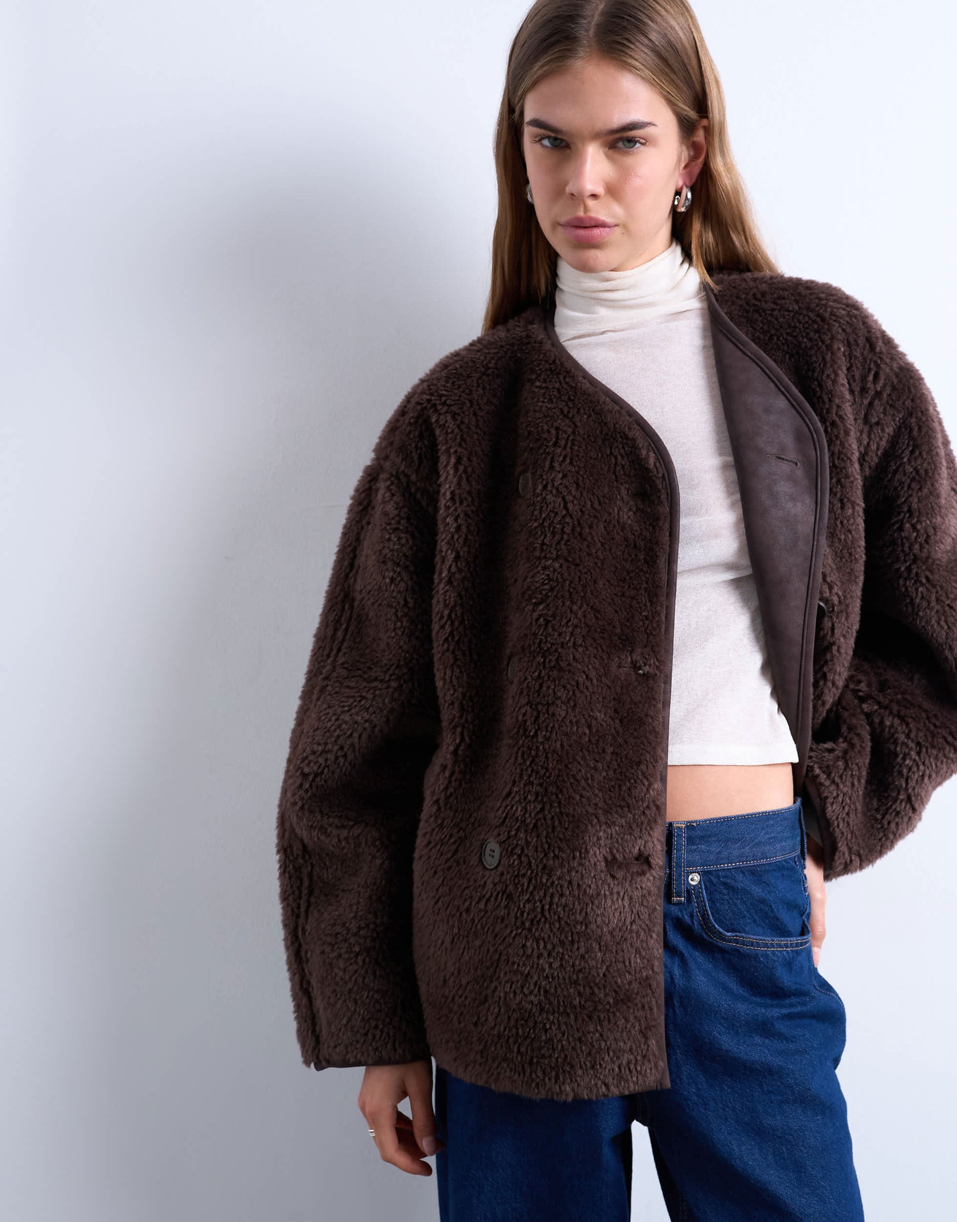 Topshop ovoid short shearling double breasted jacket in choc