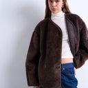 Veste courte Topshop ovale à double boutonnage en peau lainée couleur chocolat