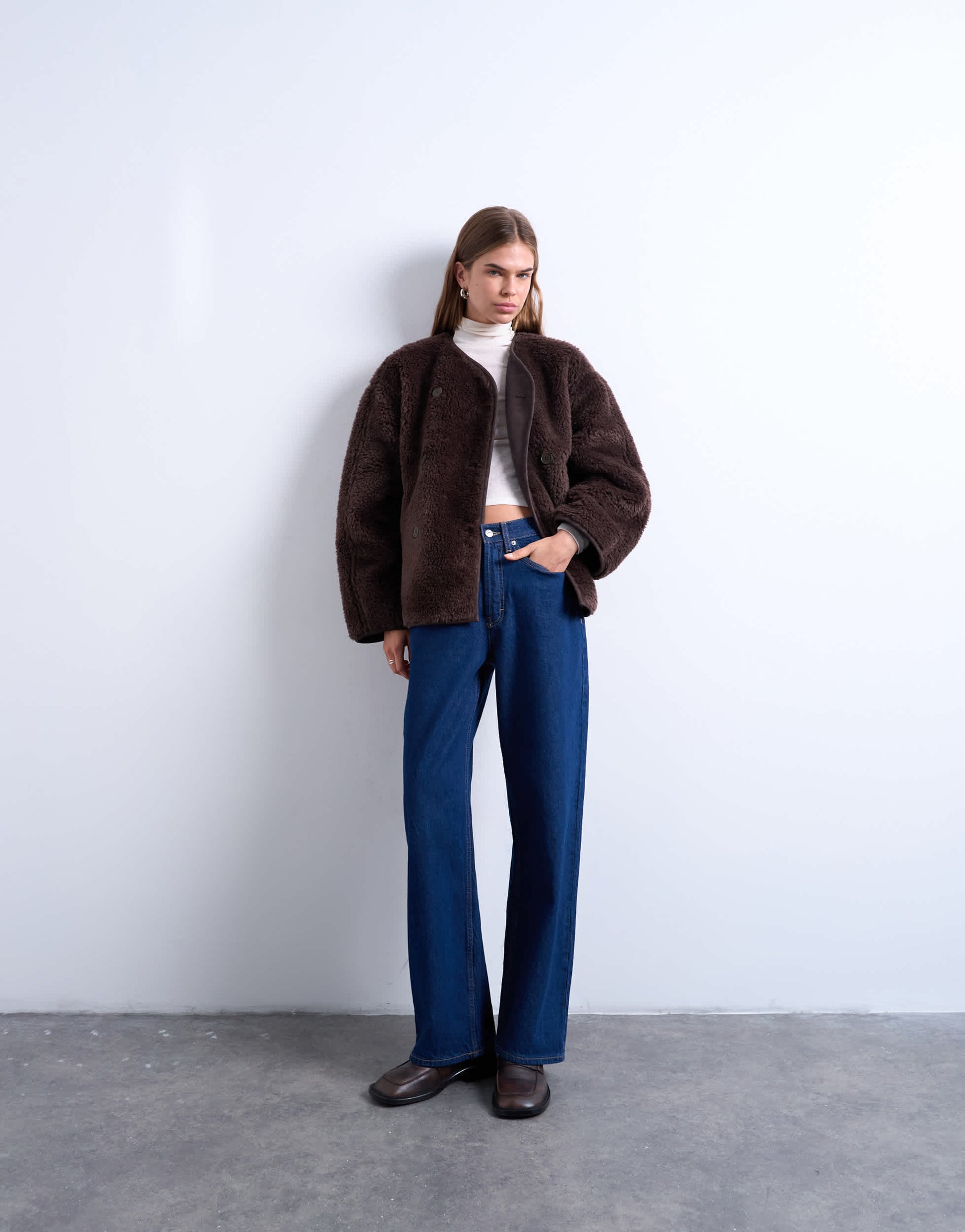 Topshop ovoid short shearling double breasted jacket in choc