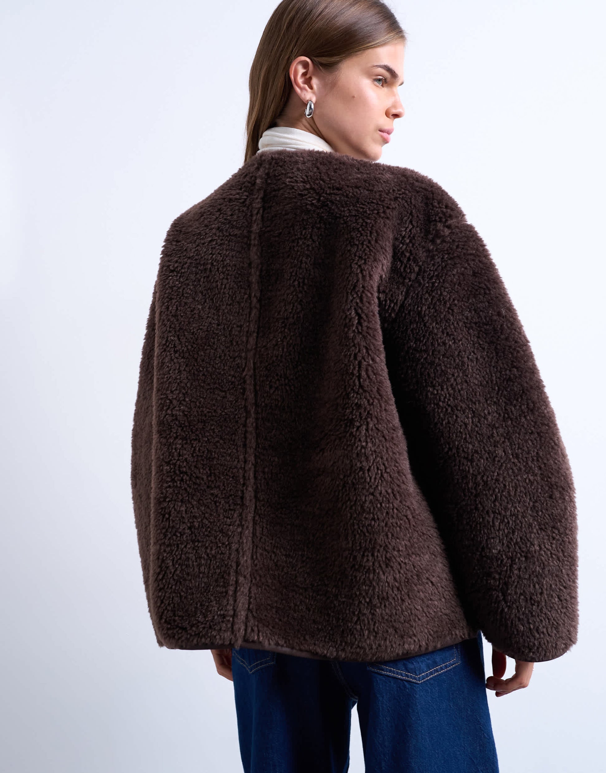 Topshop ovoid short shearling double breasted jacket in choc