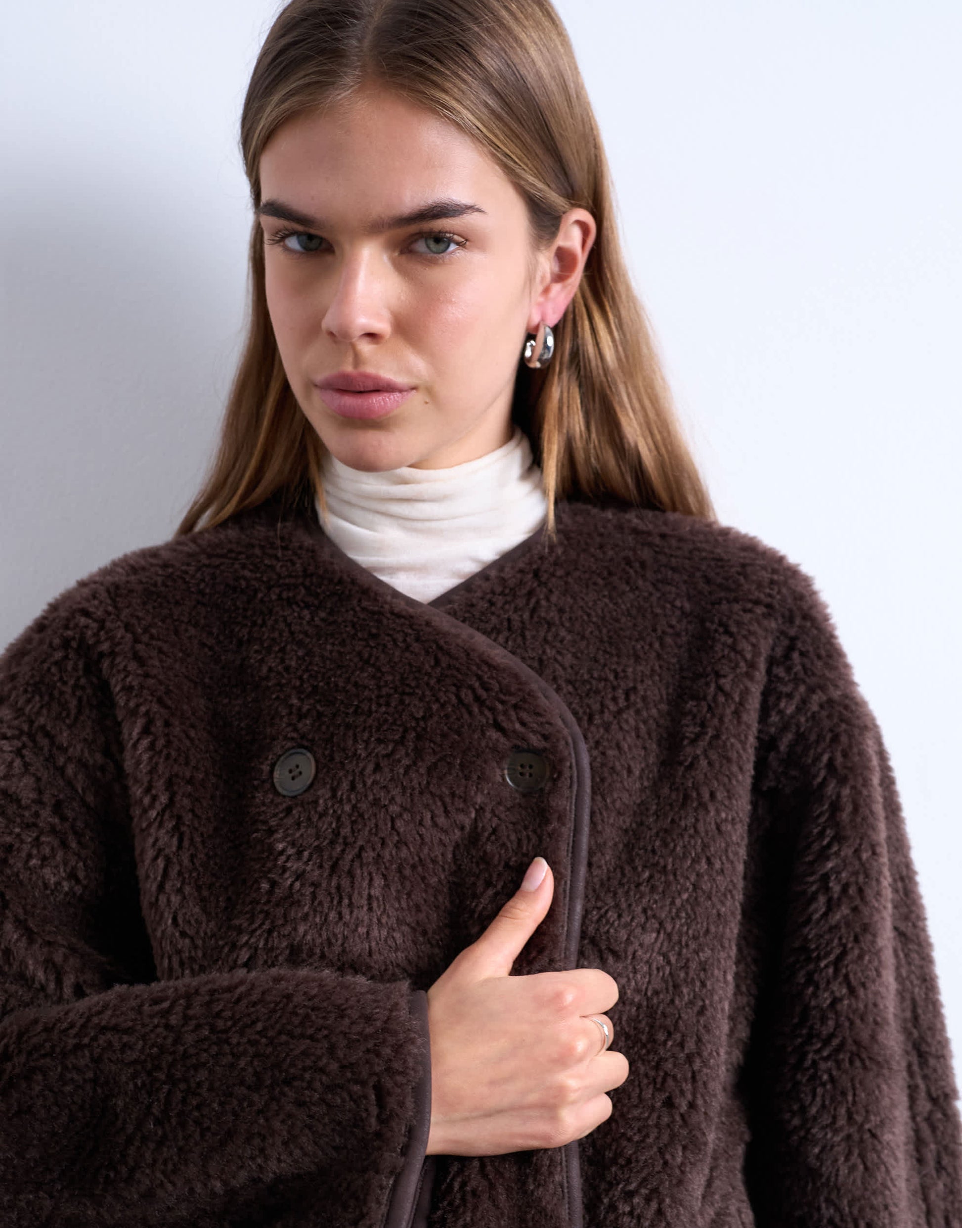 Topshop ovoid short shearling double breasted jacket in choc