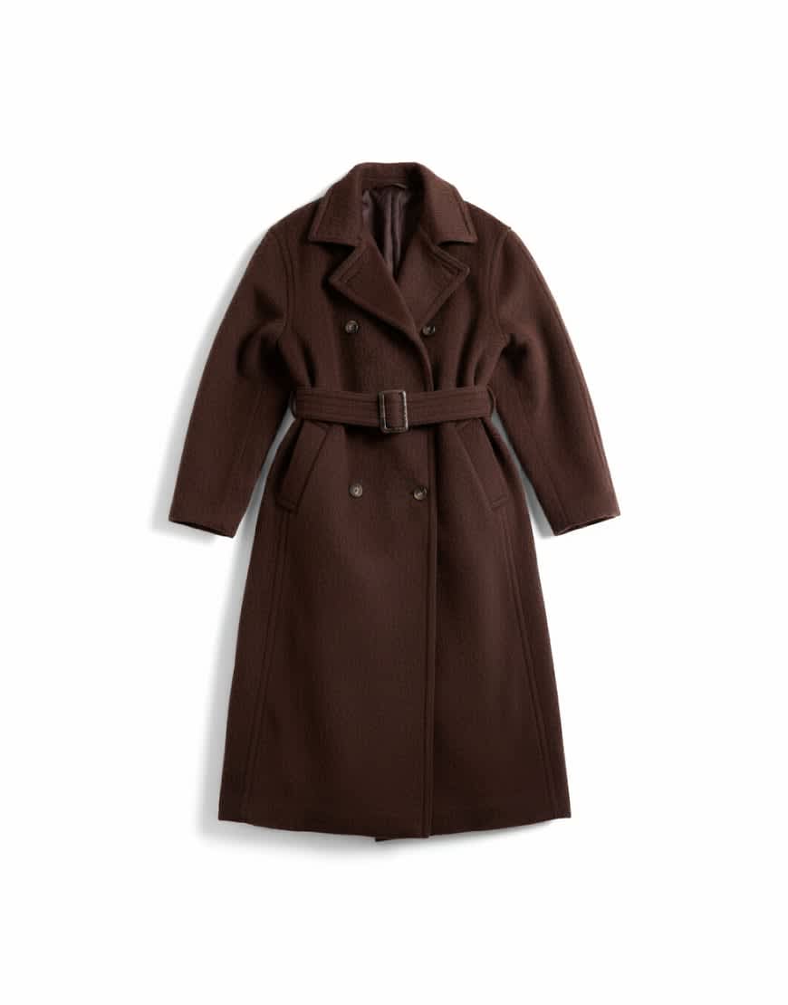 Topshop unlined double breasted longline coat with wool in chocolate