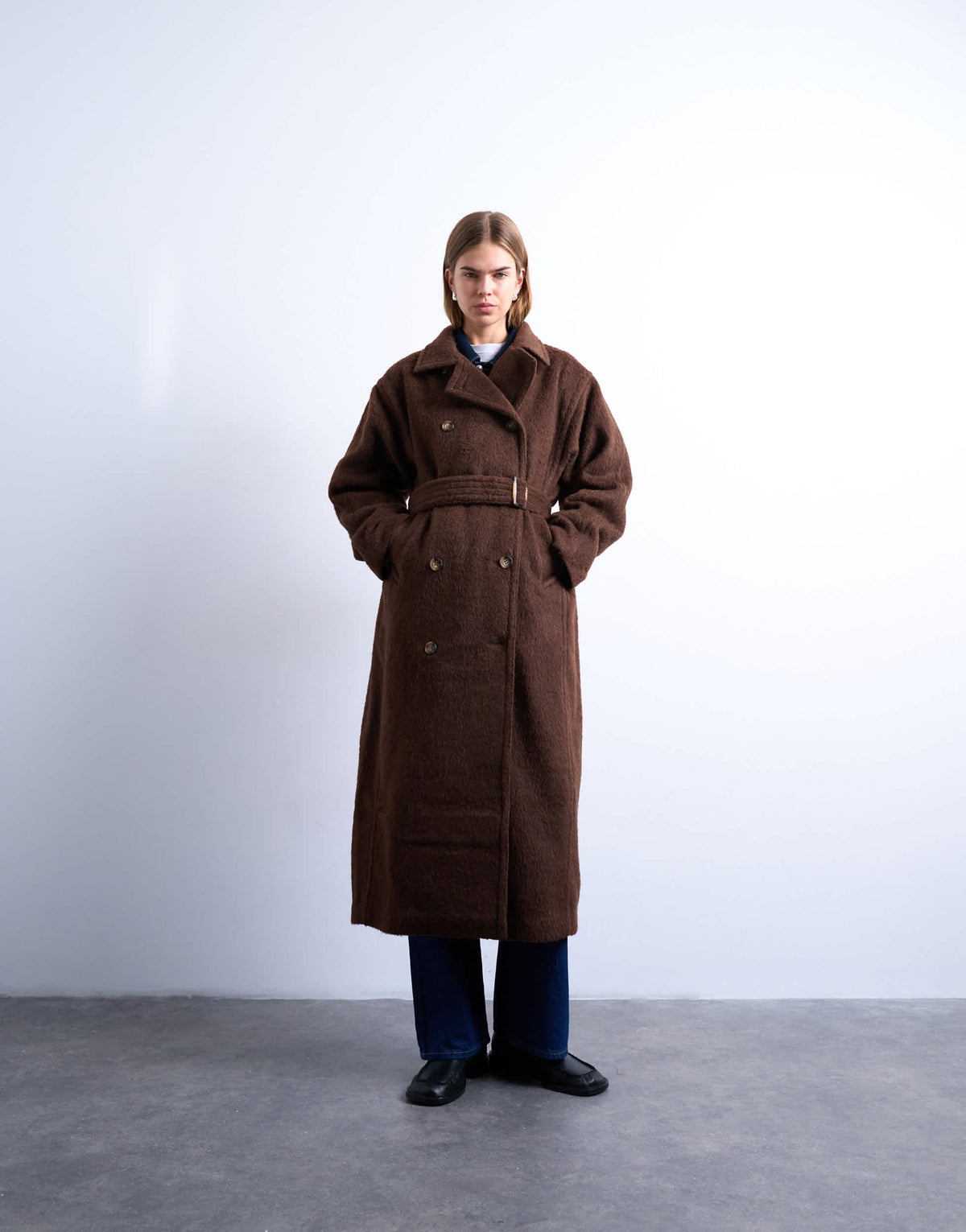 Topshop unlined double breasted longline coat with wool in chocolate