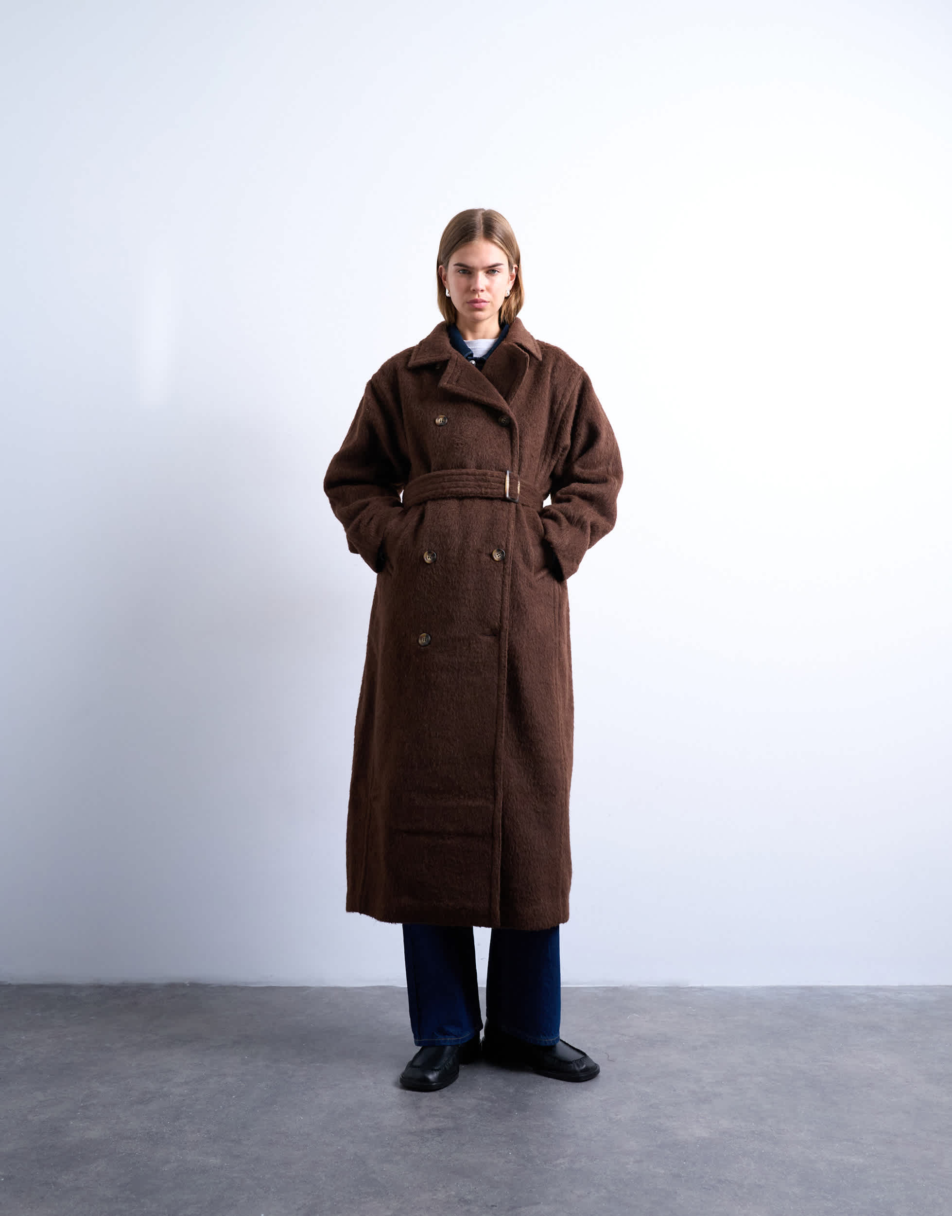 Topshop unlined double breasted longline coat with wool in chocolate