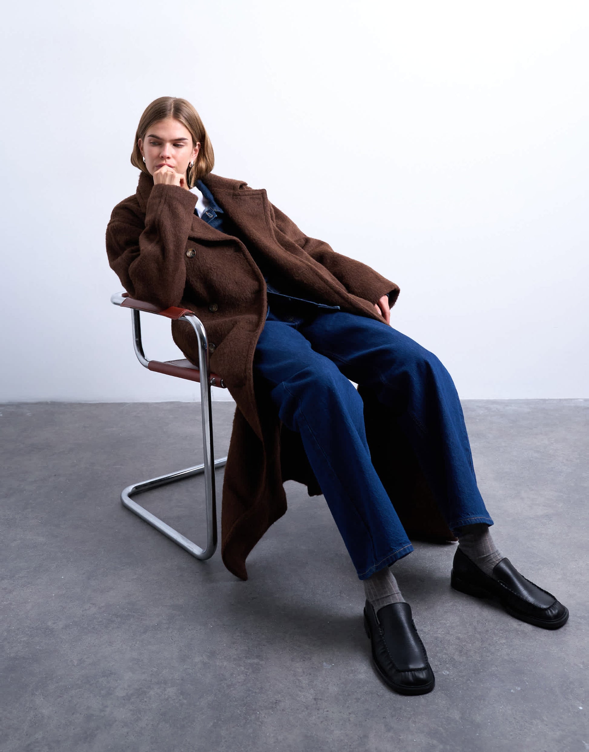 Topshop unlined double breasted longline coat with wool in chocolate