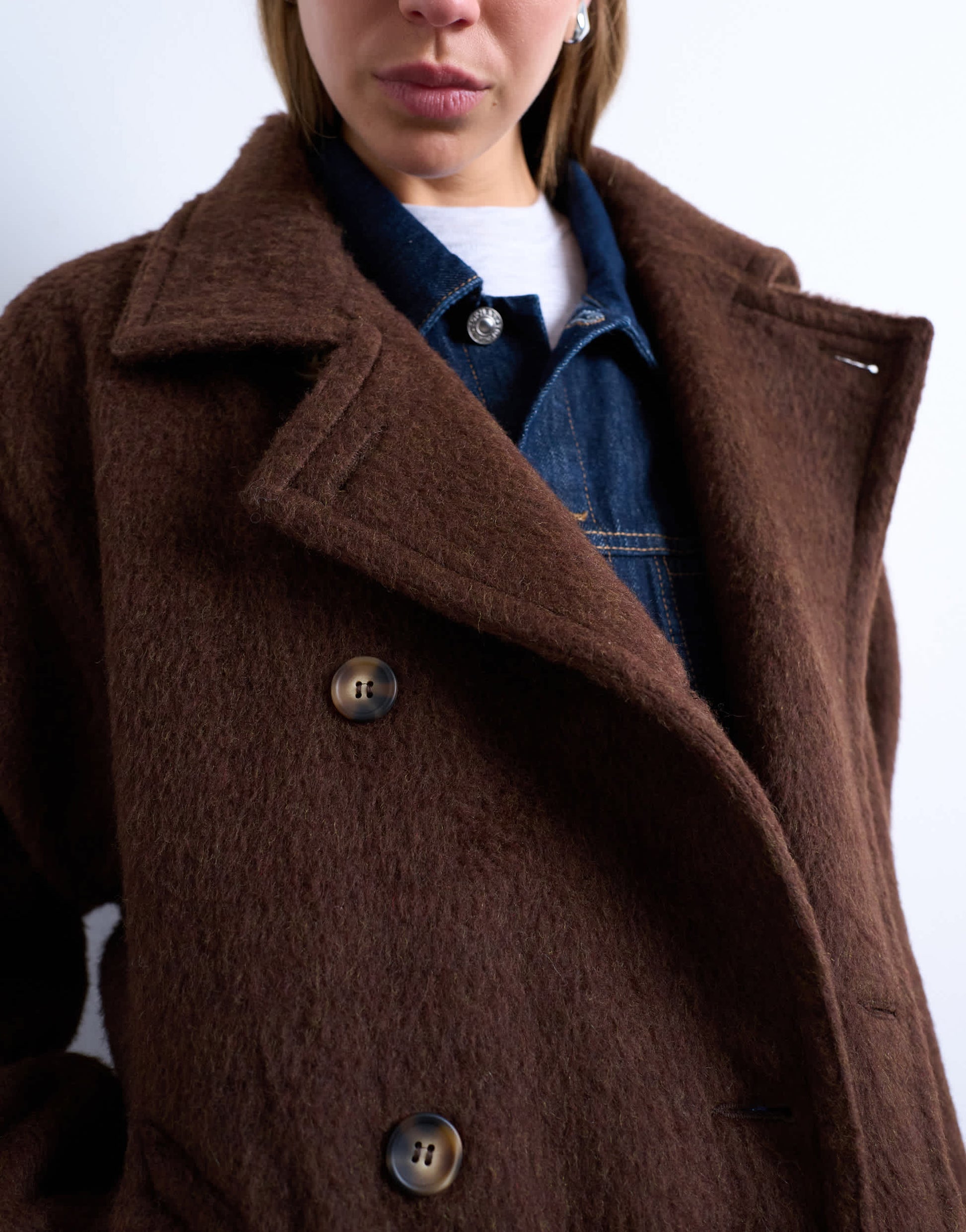 Topshop unlined double breasted longline coat with wool in chocolate