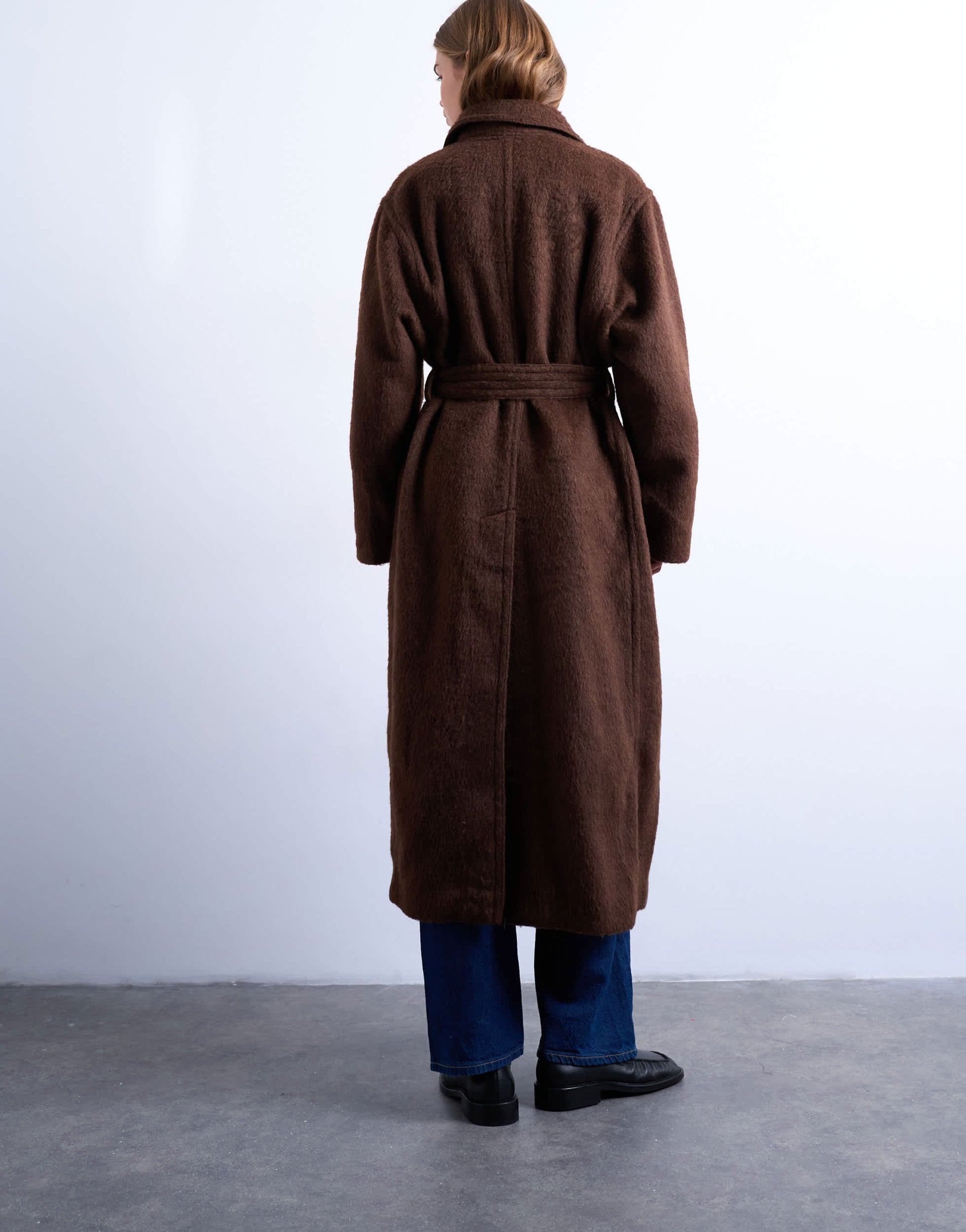 Topshop unlined double breasted longline coat with wool in chocolate