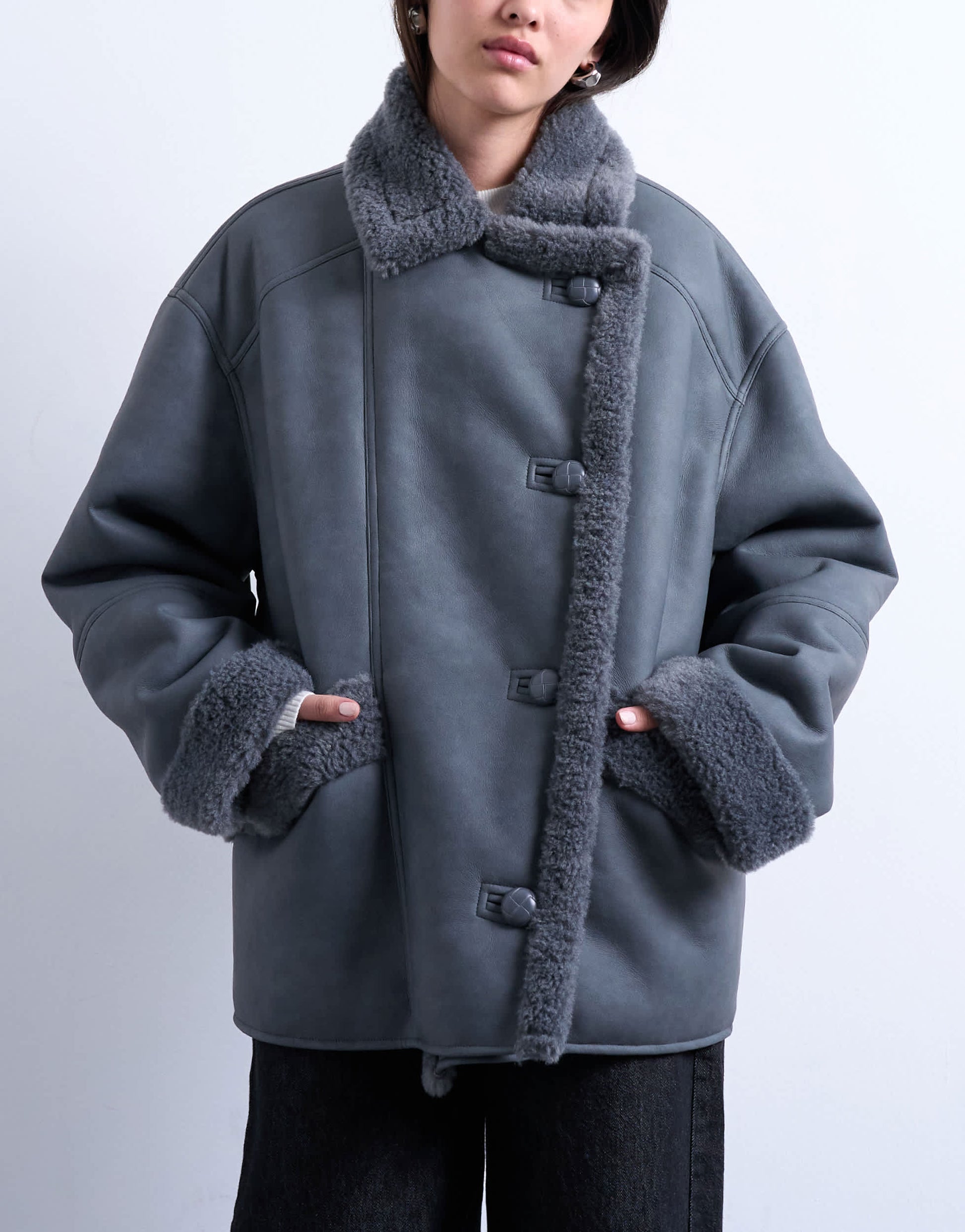 Topshop shearling super oversized car coat in grey