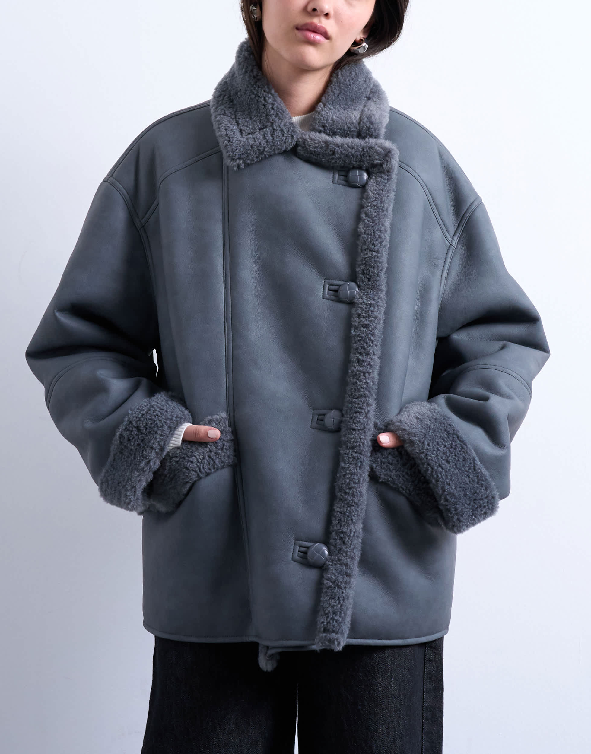 Topshop shearling super oversized car coat in grey