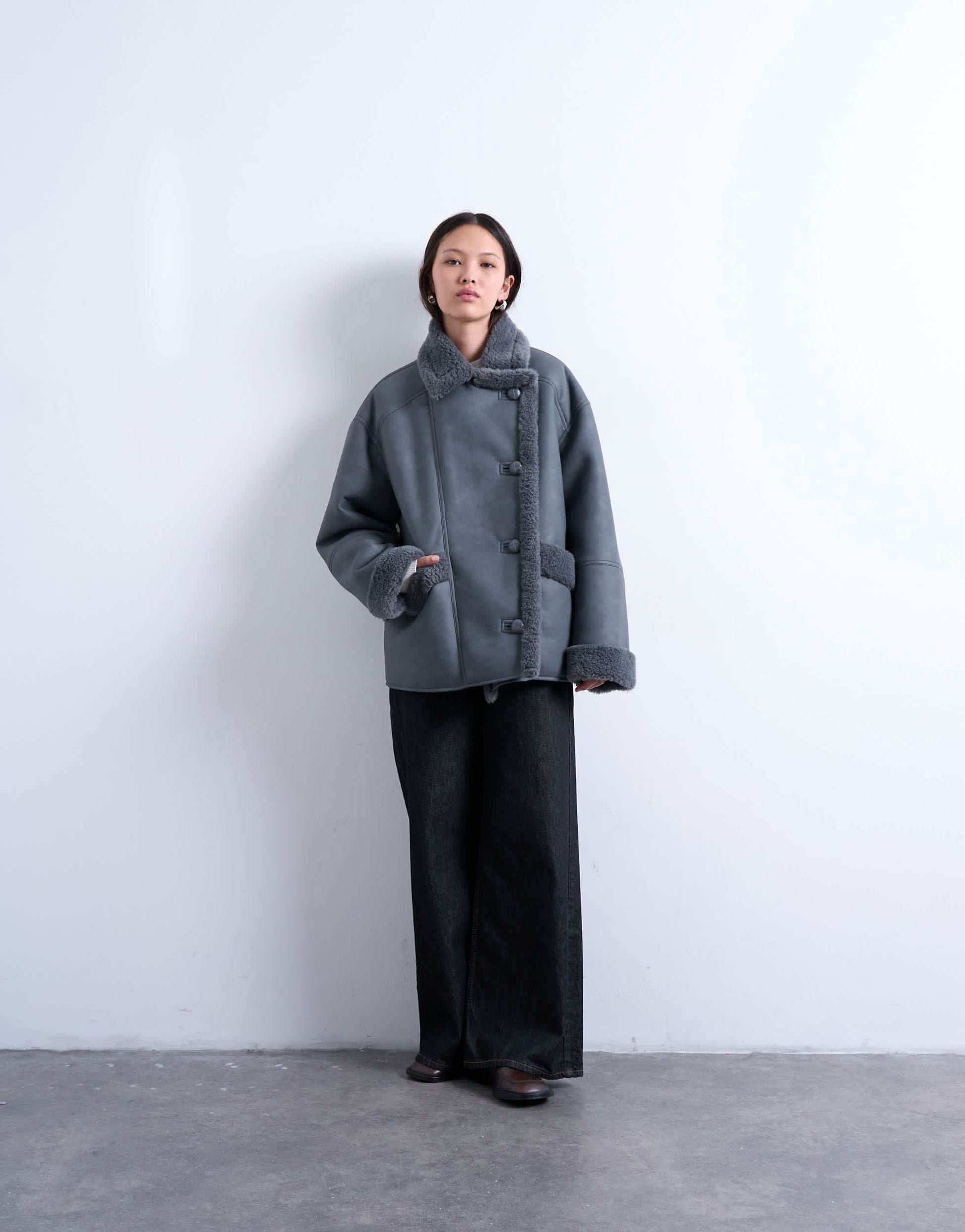 Topshop shearling super oversized car coat in grey