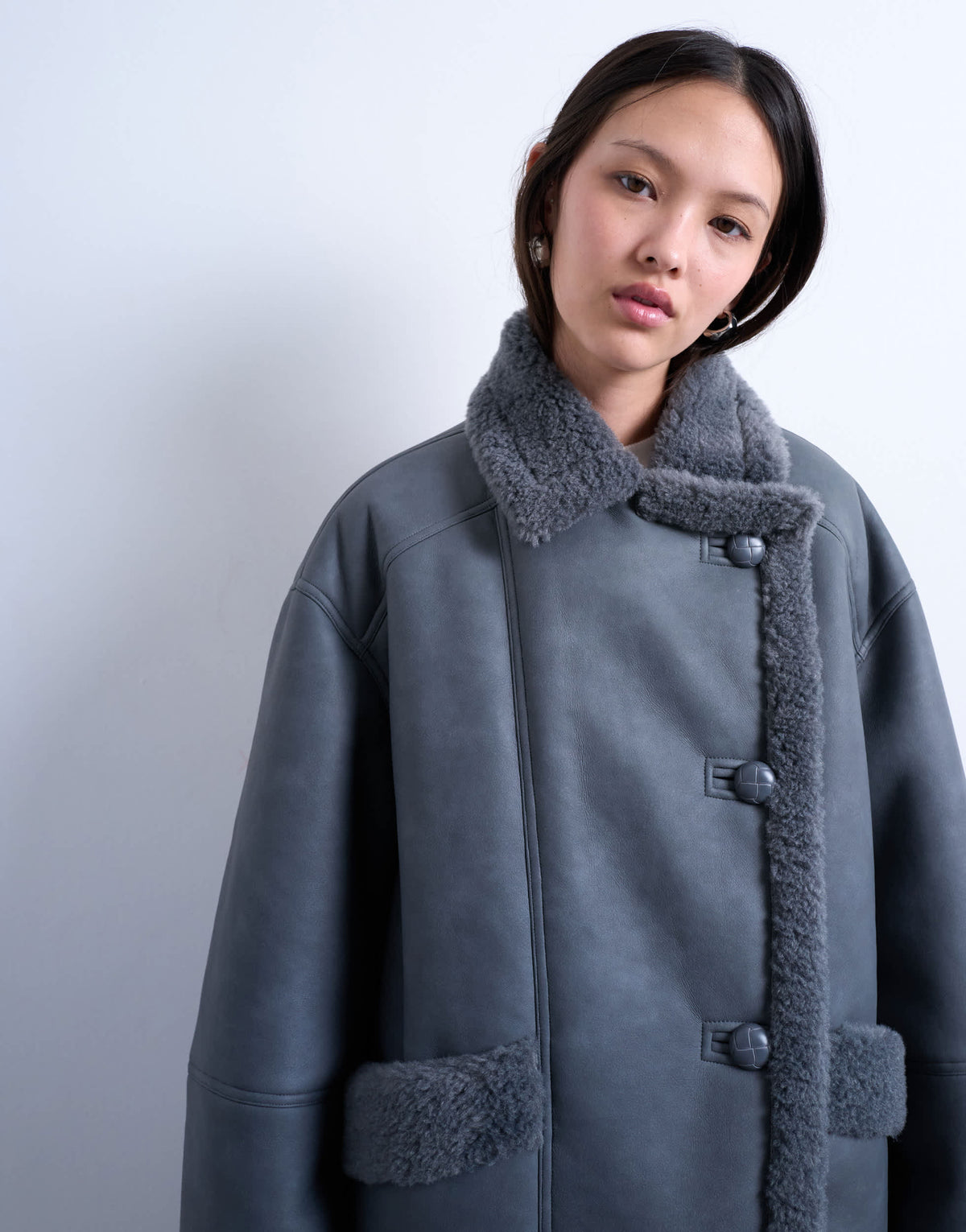 Topshop shearling super oversized car coat in grey